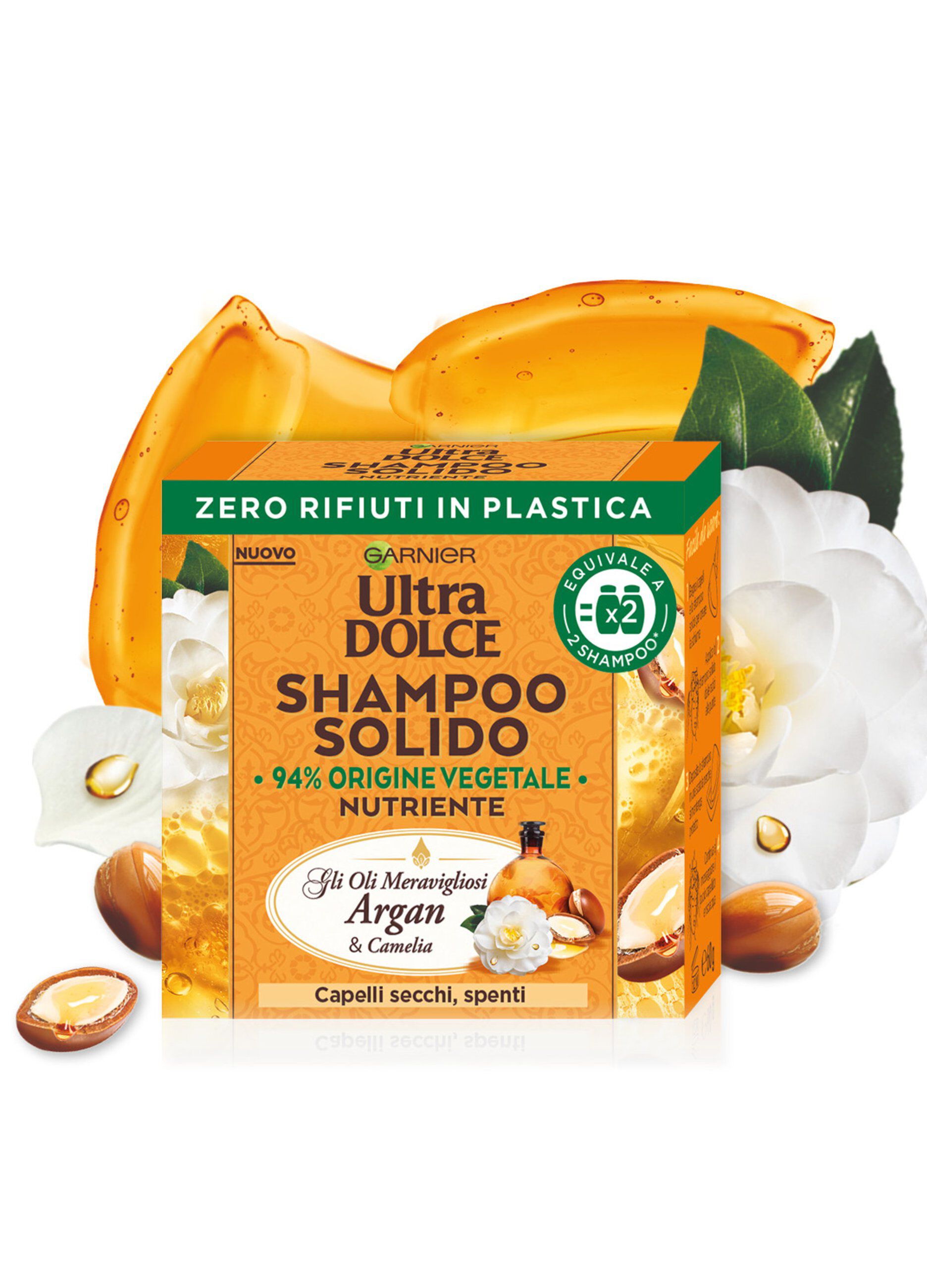 Garnier Ultra Dolce Shampoo Solido con Oli meravigliosi di Argan e Camelia, Per capelli secchi e spenti, Con packaging 100% ecologico plastic-free, 60 gr._1