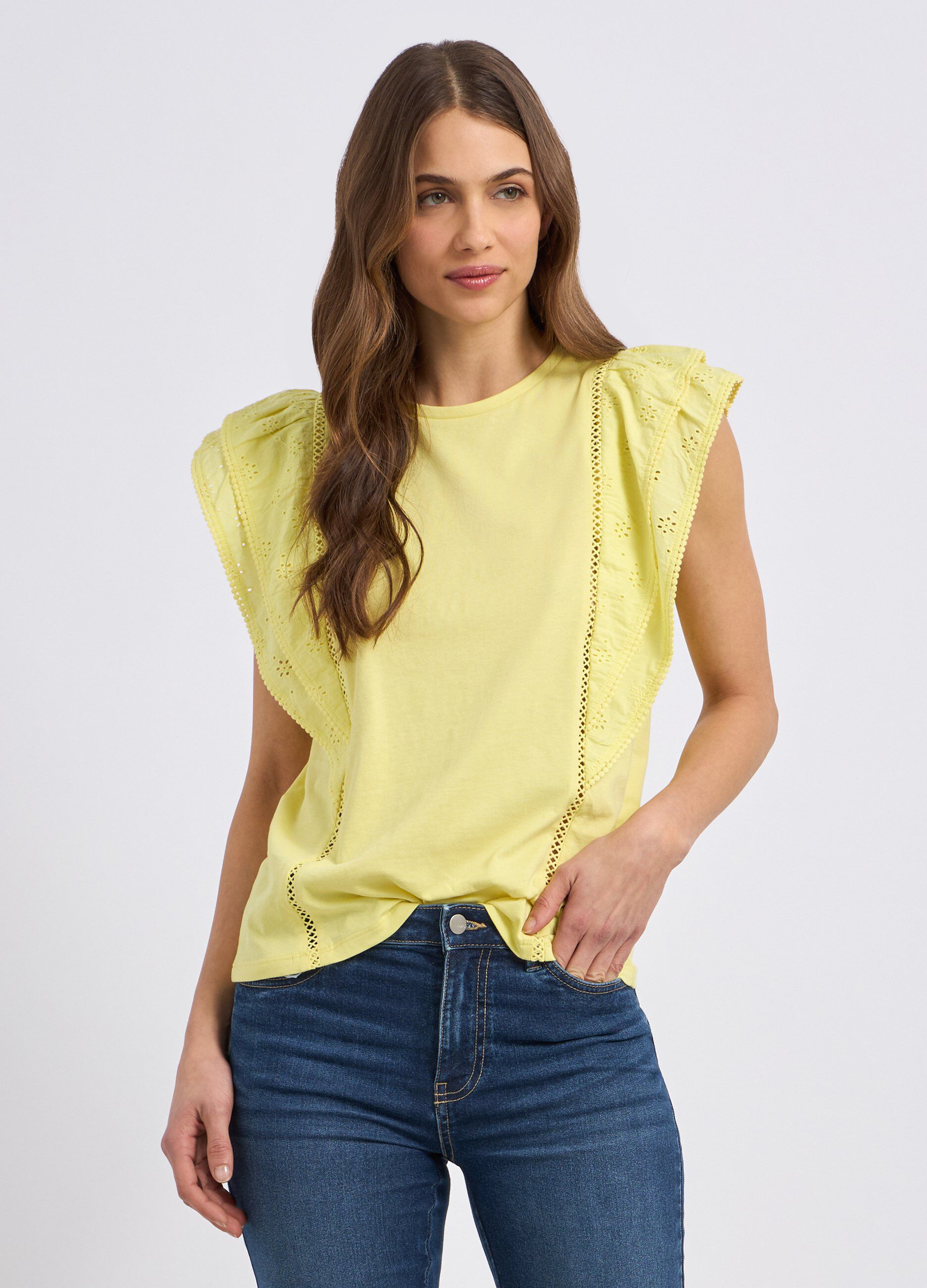 T-shirt in puro cotone con inserti in sangallo donna_0