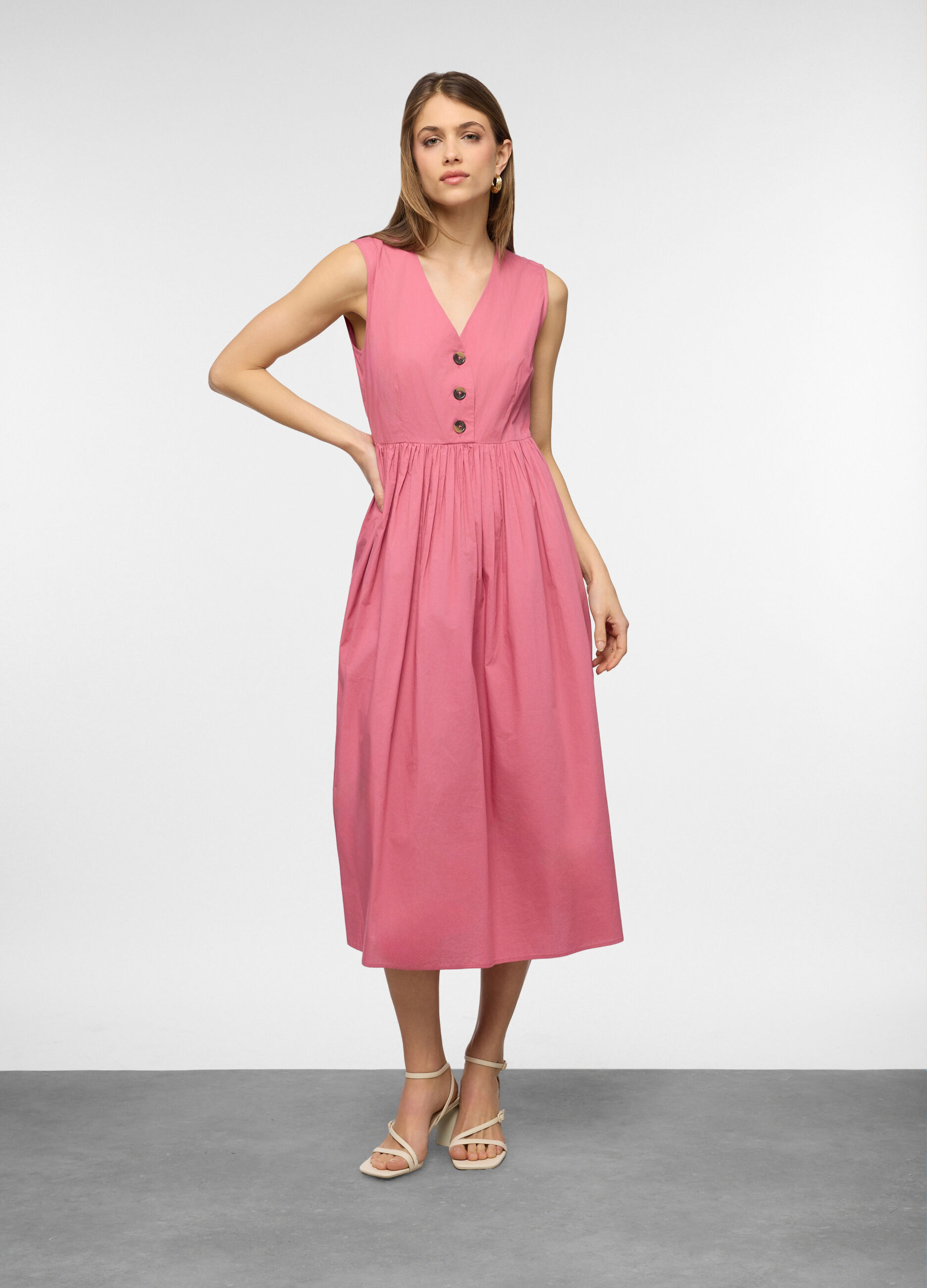 Vestito midi smanicato con scollo V in puro cotone donna_0