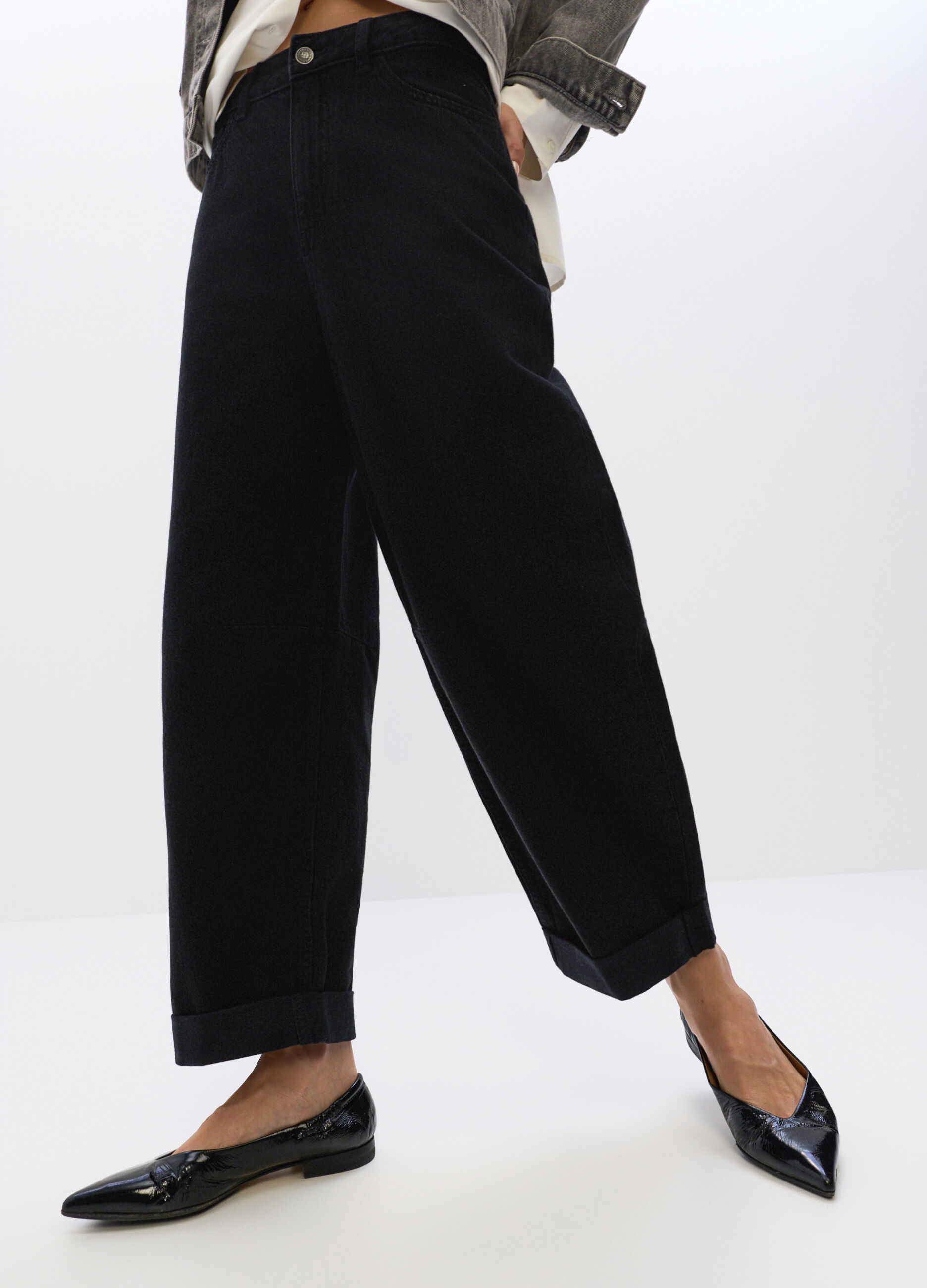 Pantaloni Barrel Fit in denim di puro cotone donna_2