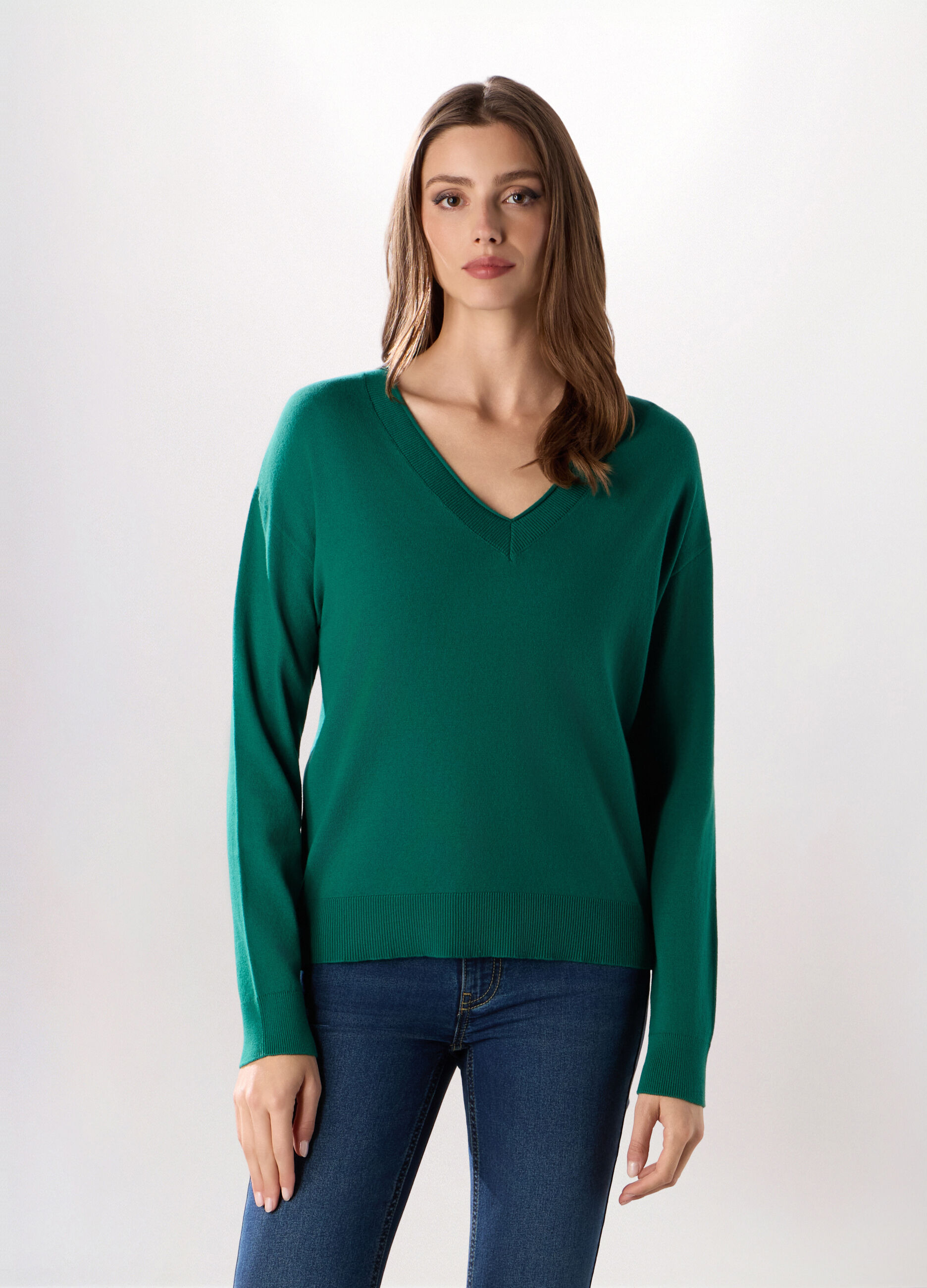 Pullover con scollo a V in misto cotone donna_0
