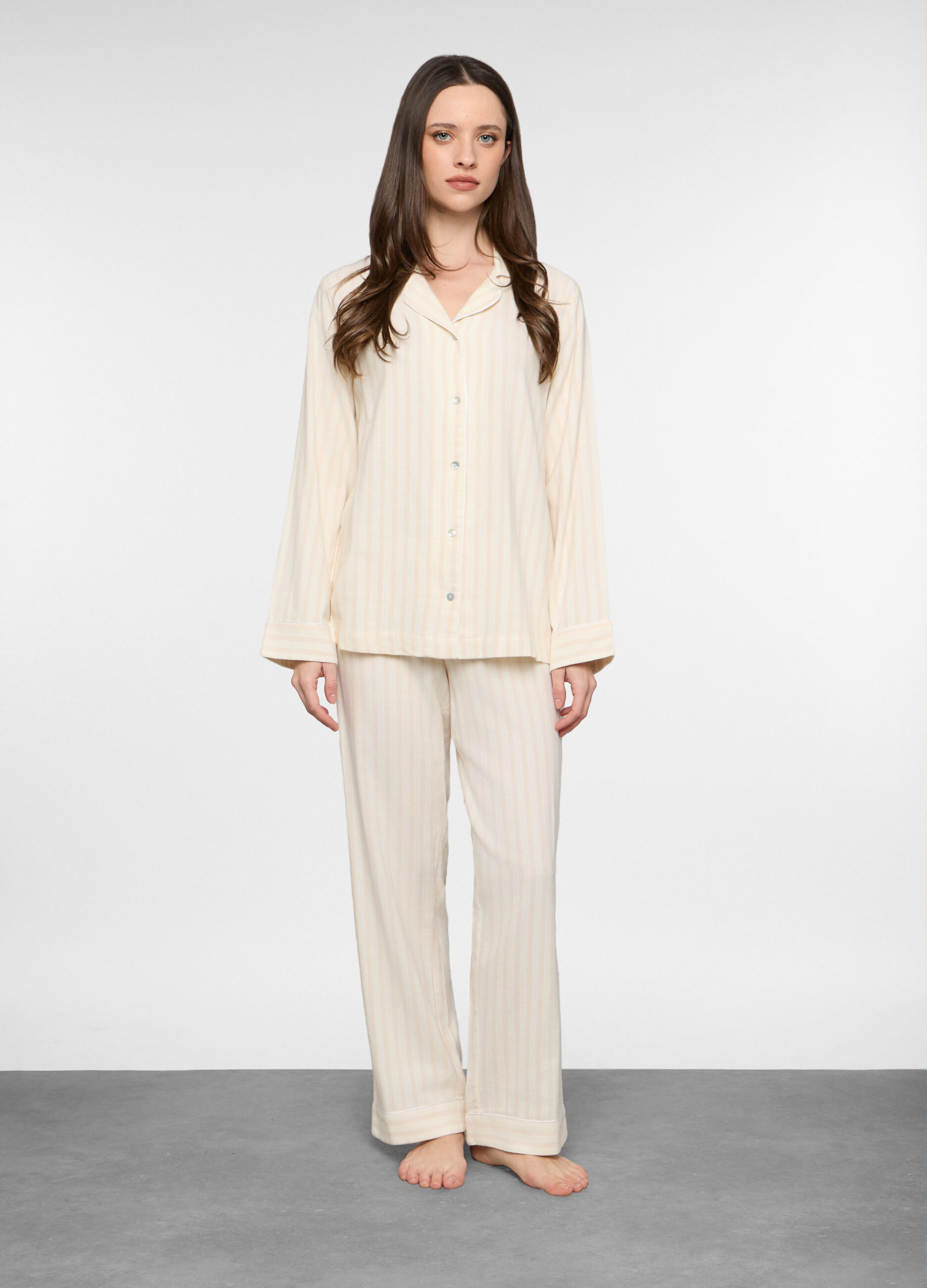 Set pigiama lungo a righe in flanella misto cotone donna_0