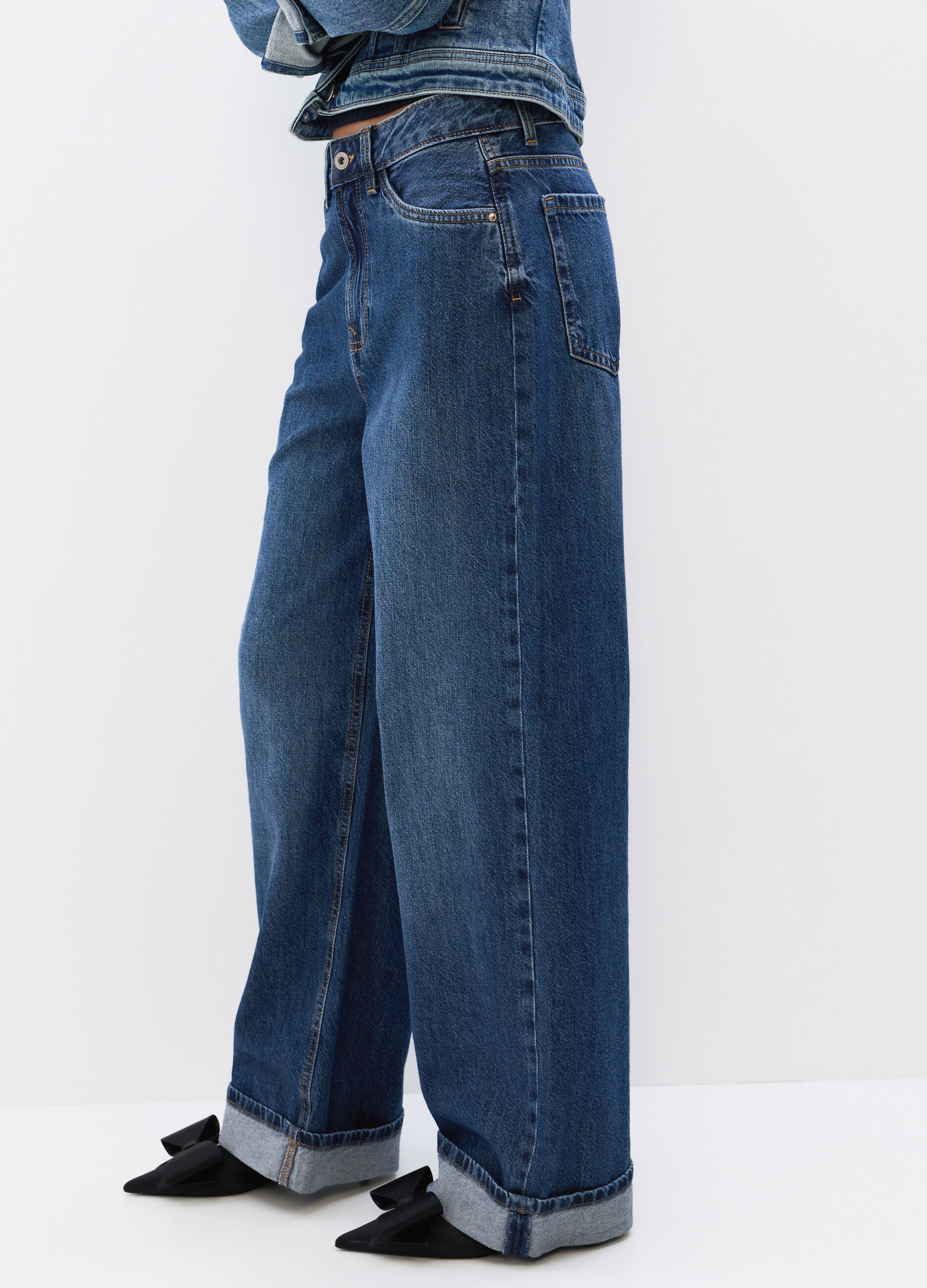 Pantaloni Wide Leg in denim di puro cotone donna_3