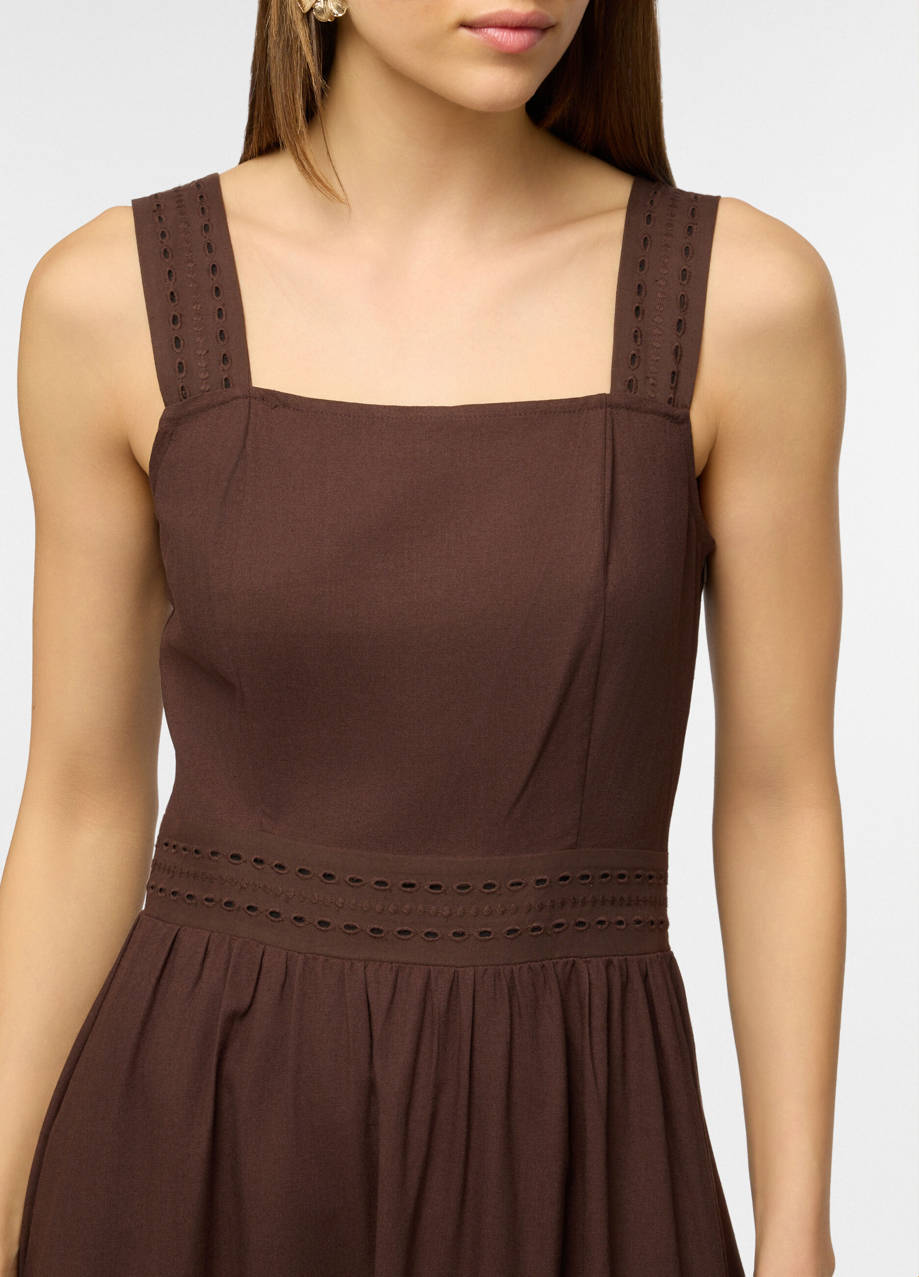 Vestito lungo fitted smanicato con scollo quadrato in misto lino donna_2