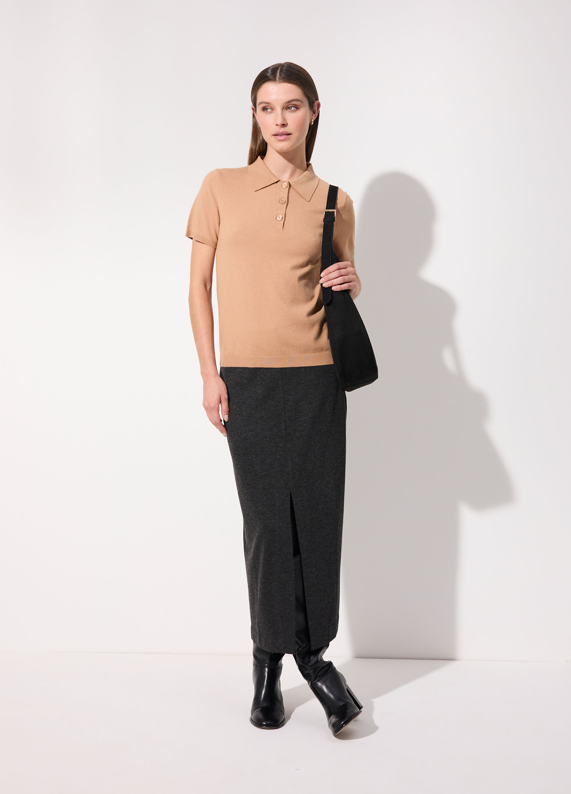 Polo in tricot misto cashmere a maniche corte donna_0