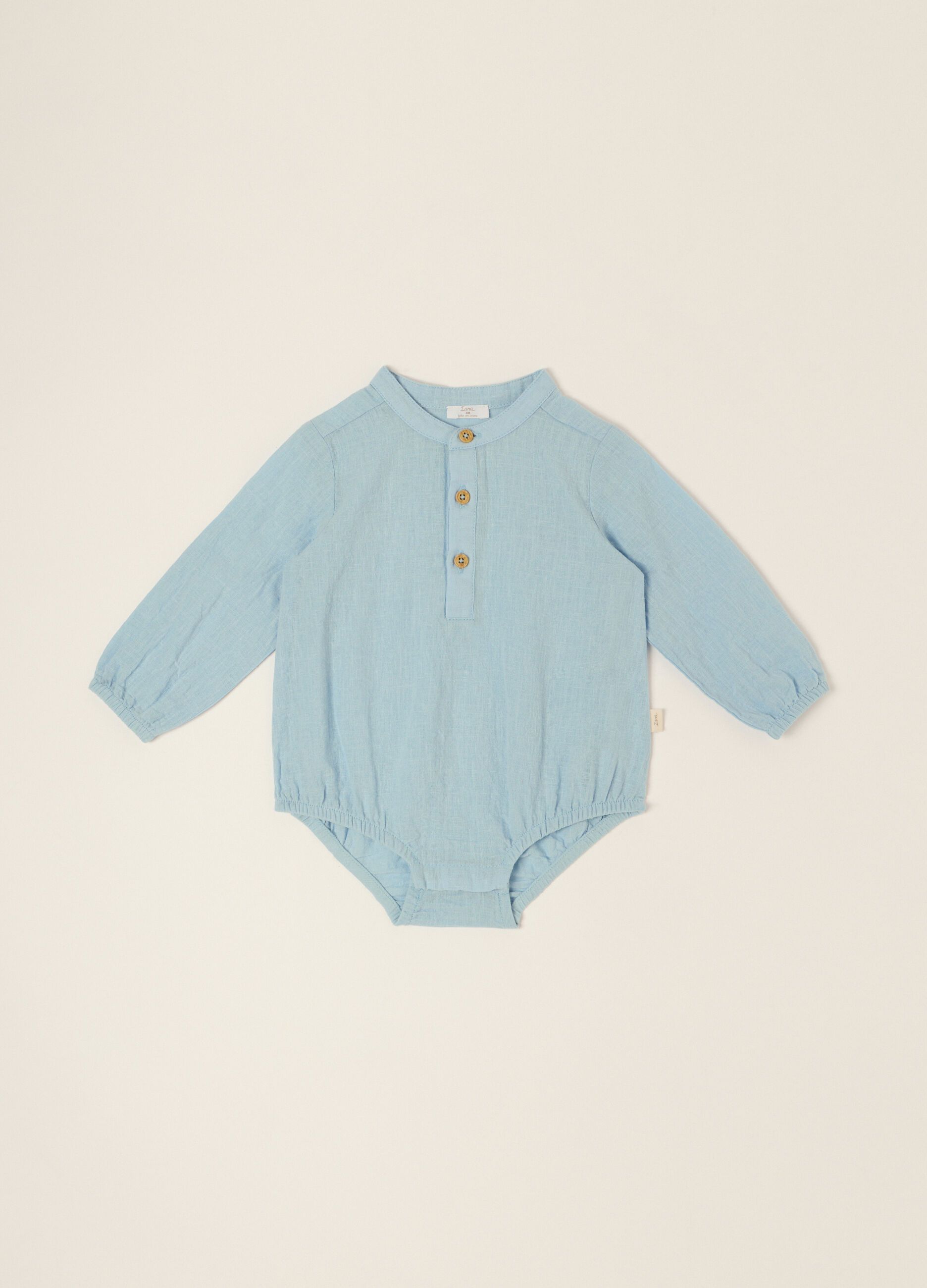 Body azzurro in misto cotone e lino a maniche lunghe_0