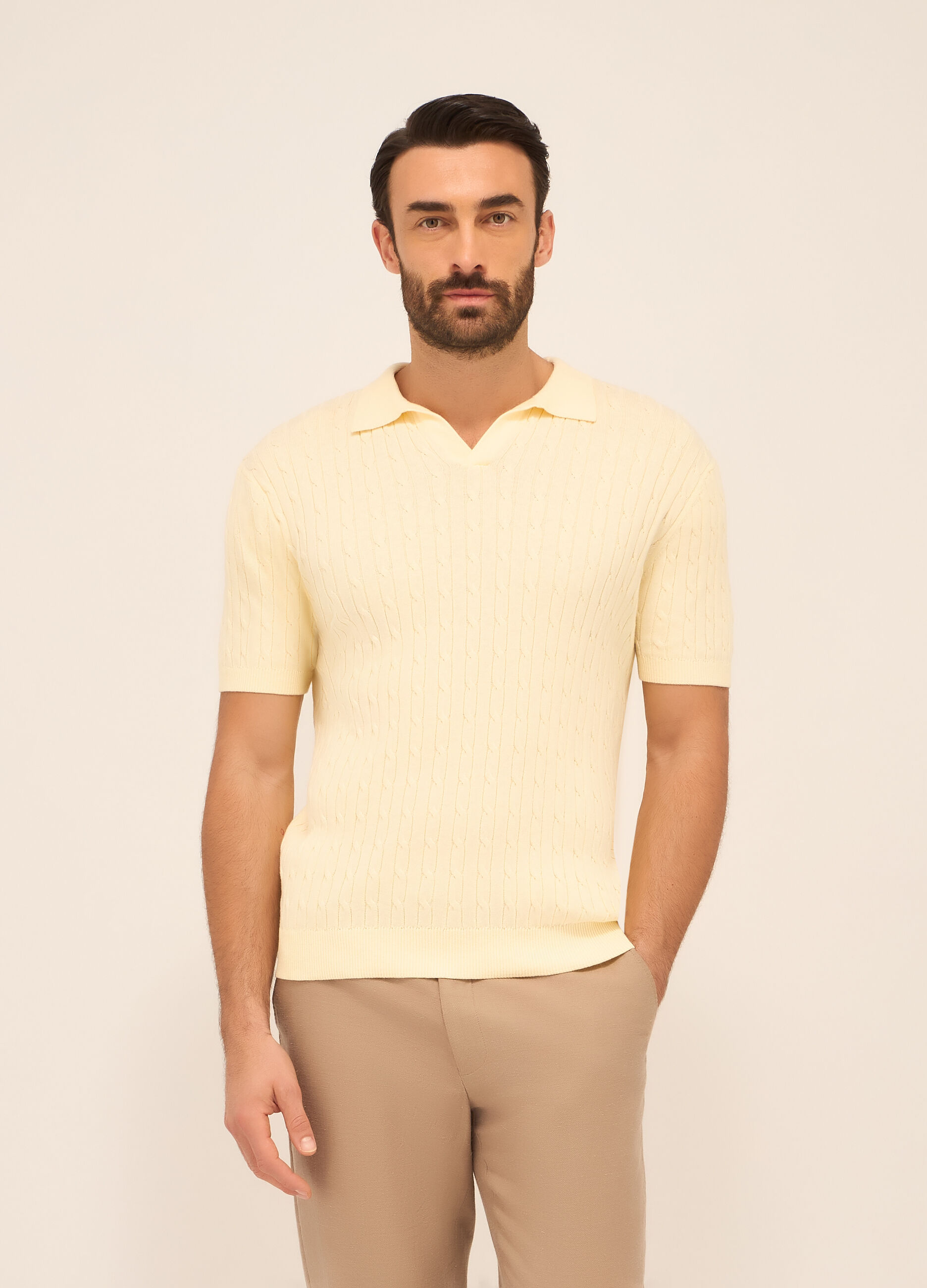 Polo collo aperto in cotone a trecce uomo_0