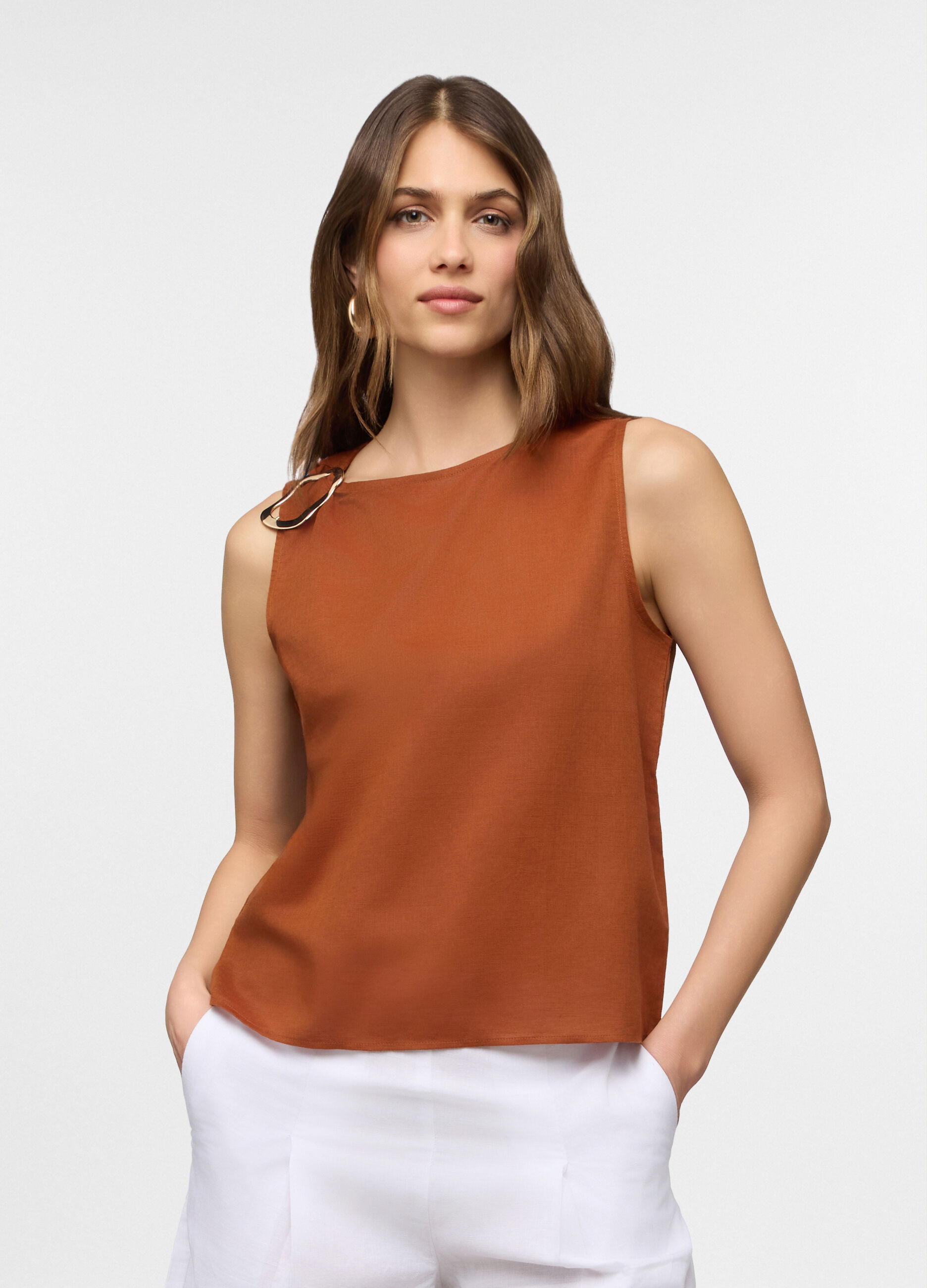 Blusa fit regular girocollo misto lino donna_0