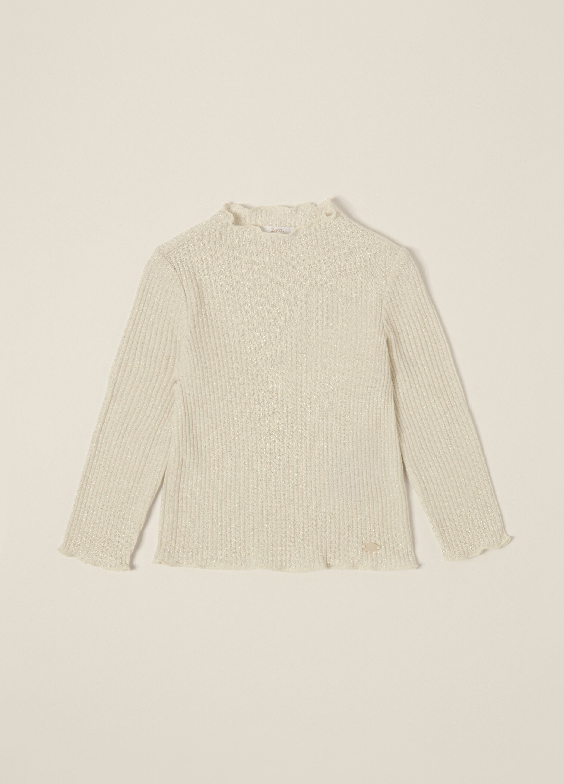 Maglia beige a costine con fibre metalliche_0