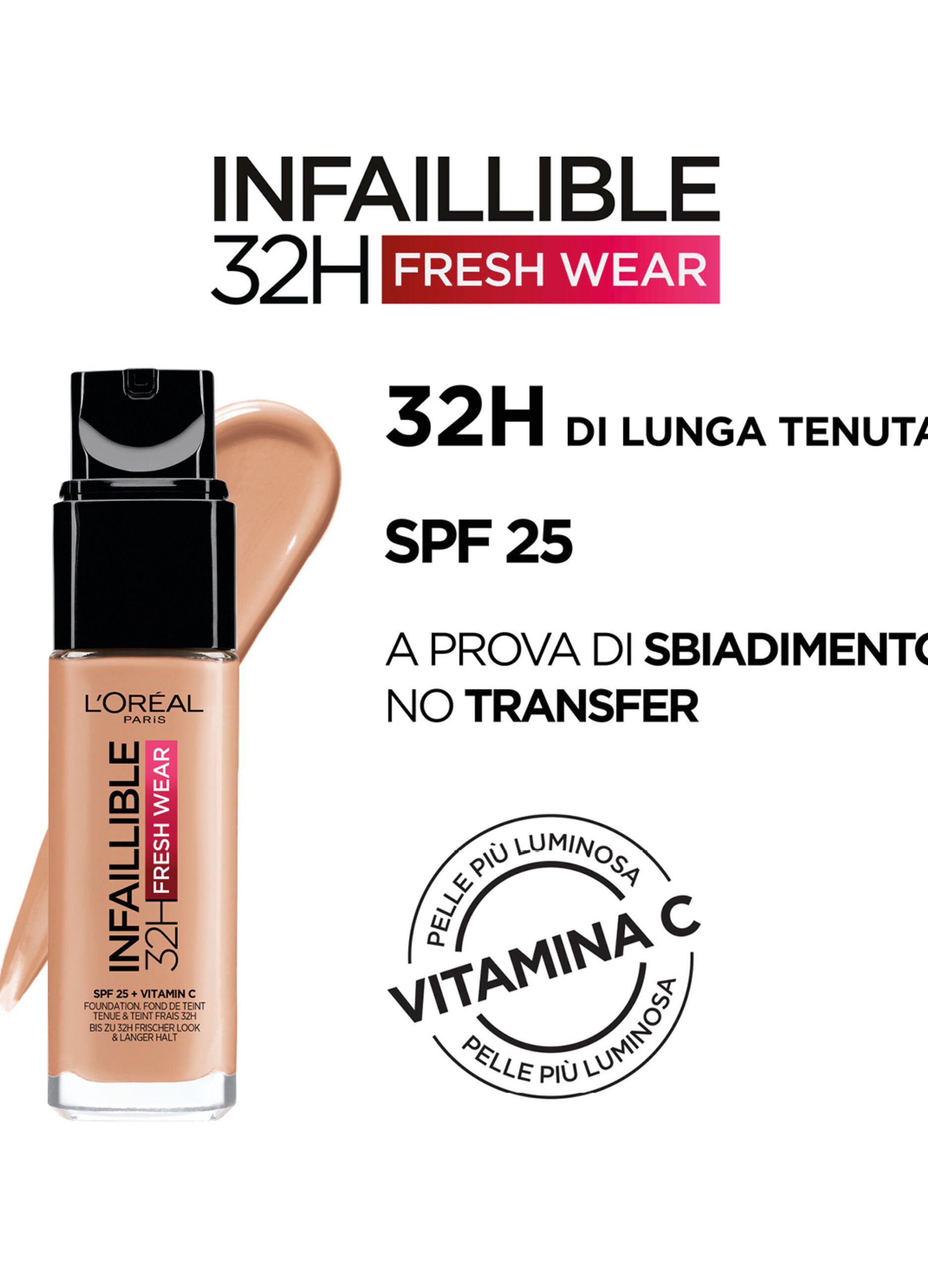 L'Oréal Paris Fondotinta Liquido Infaillible 32H, Coprente a Lunga Tenuta 32H, Formula Waterproof Idratante, 235 Miel, 30ml.