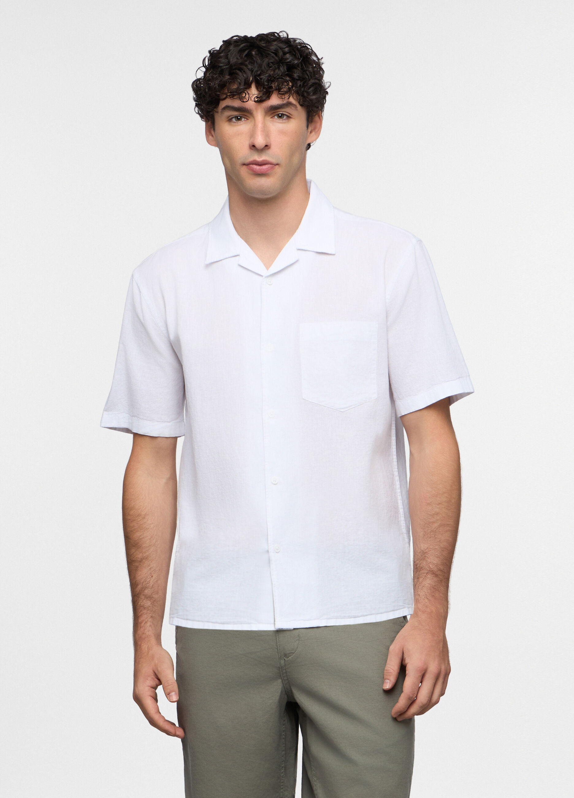 Camicia a maniche corte in cotone e lino uomo_0