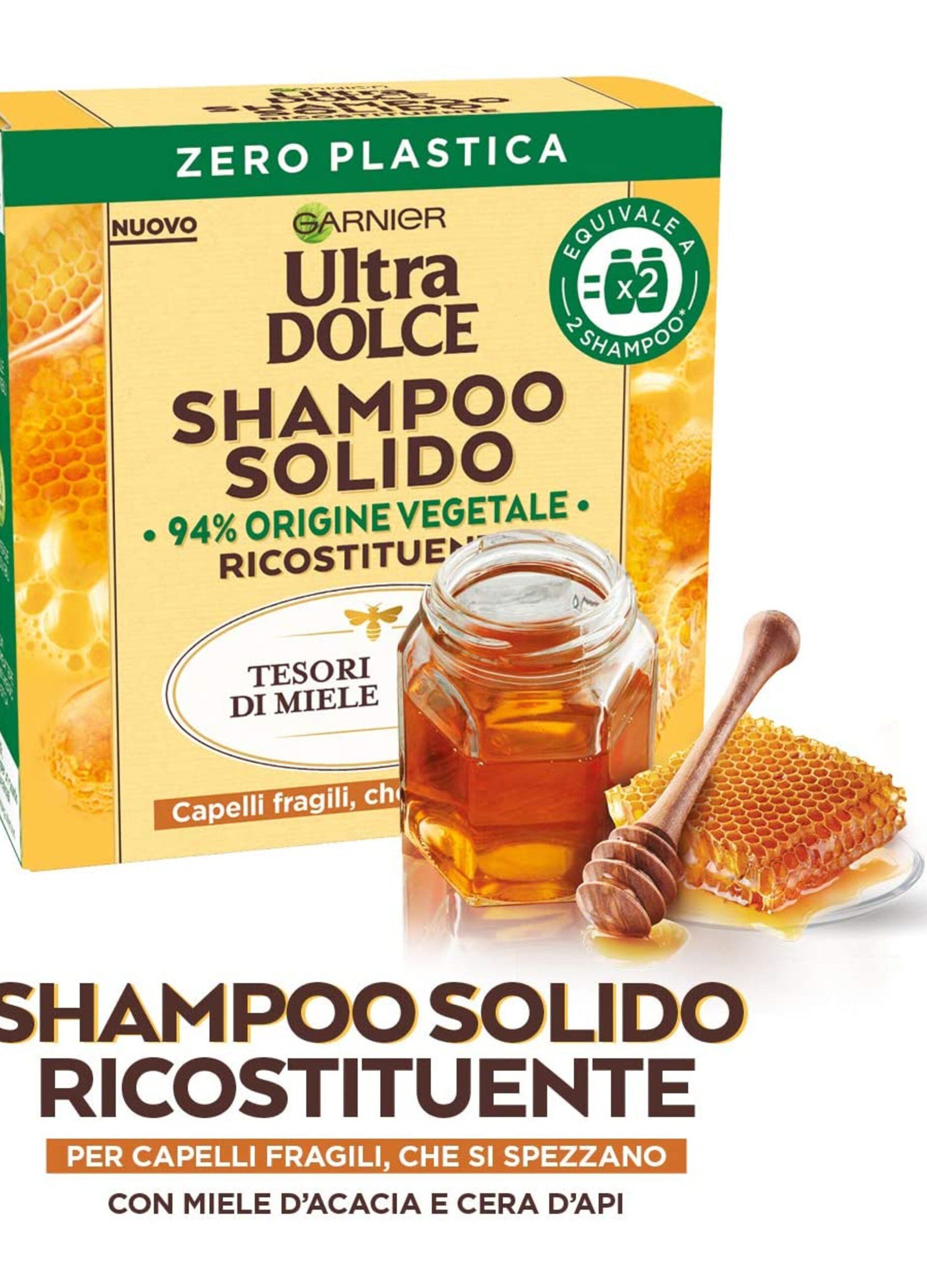 Garnier Ultra Dolce Shampoo Solido Tesori di Miele, Per Capelli Fragili che si Spezzano, Con packaging 100% ecologico plastic-free, 60 gr.