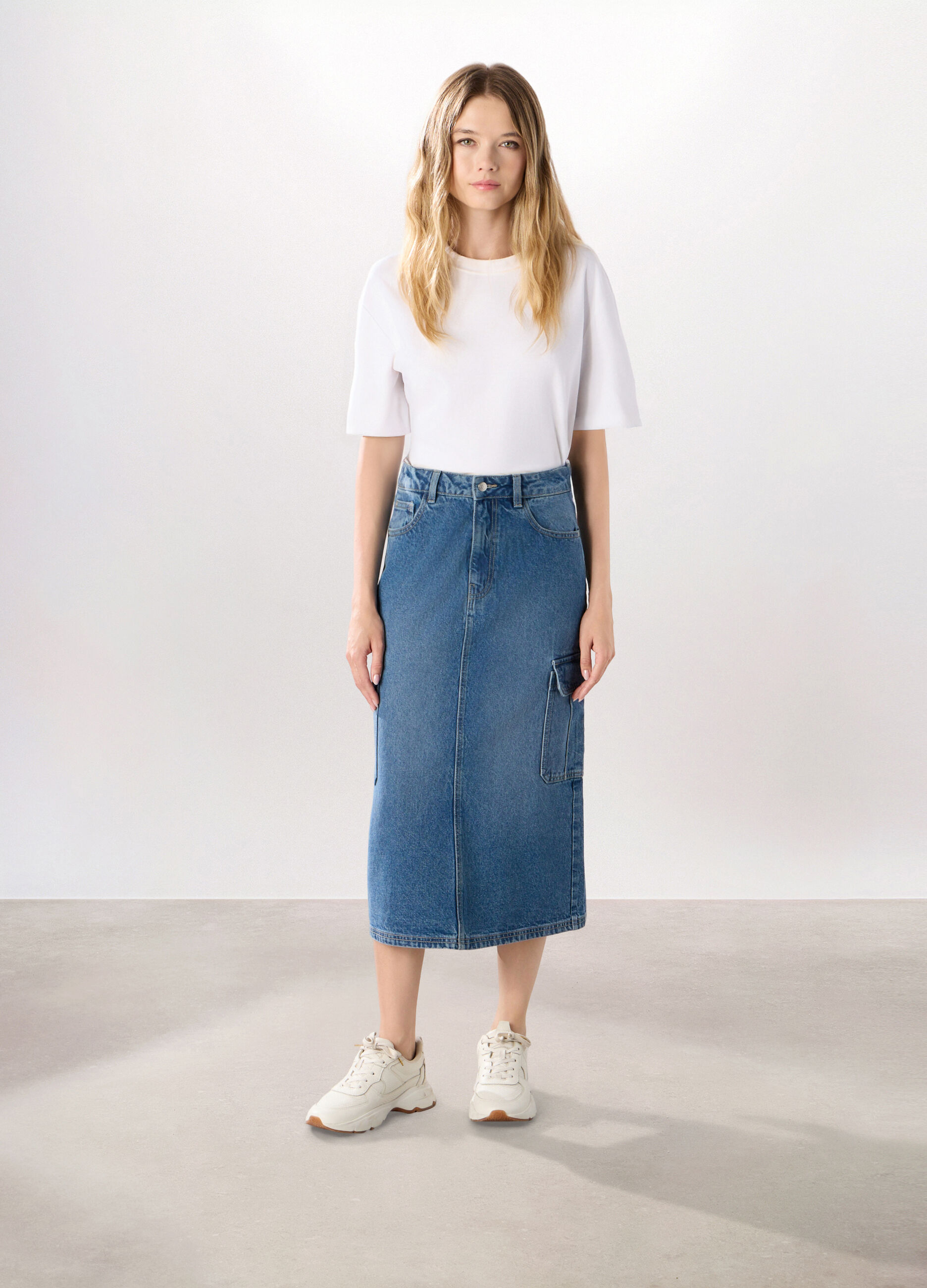 Gonna lunga in denim di puro cotone donna_0
