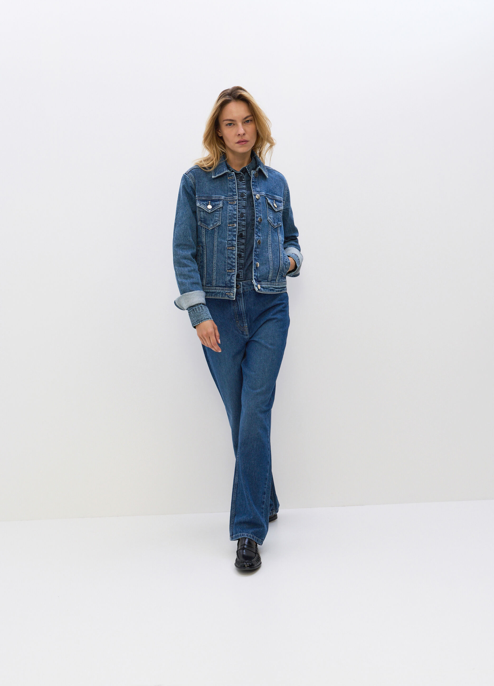 Pantaloni Straight Fit in denim di puro cotone donna_0