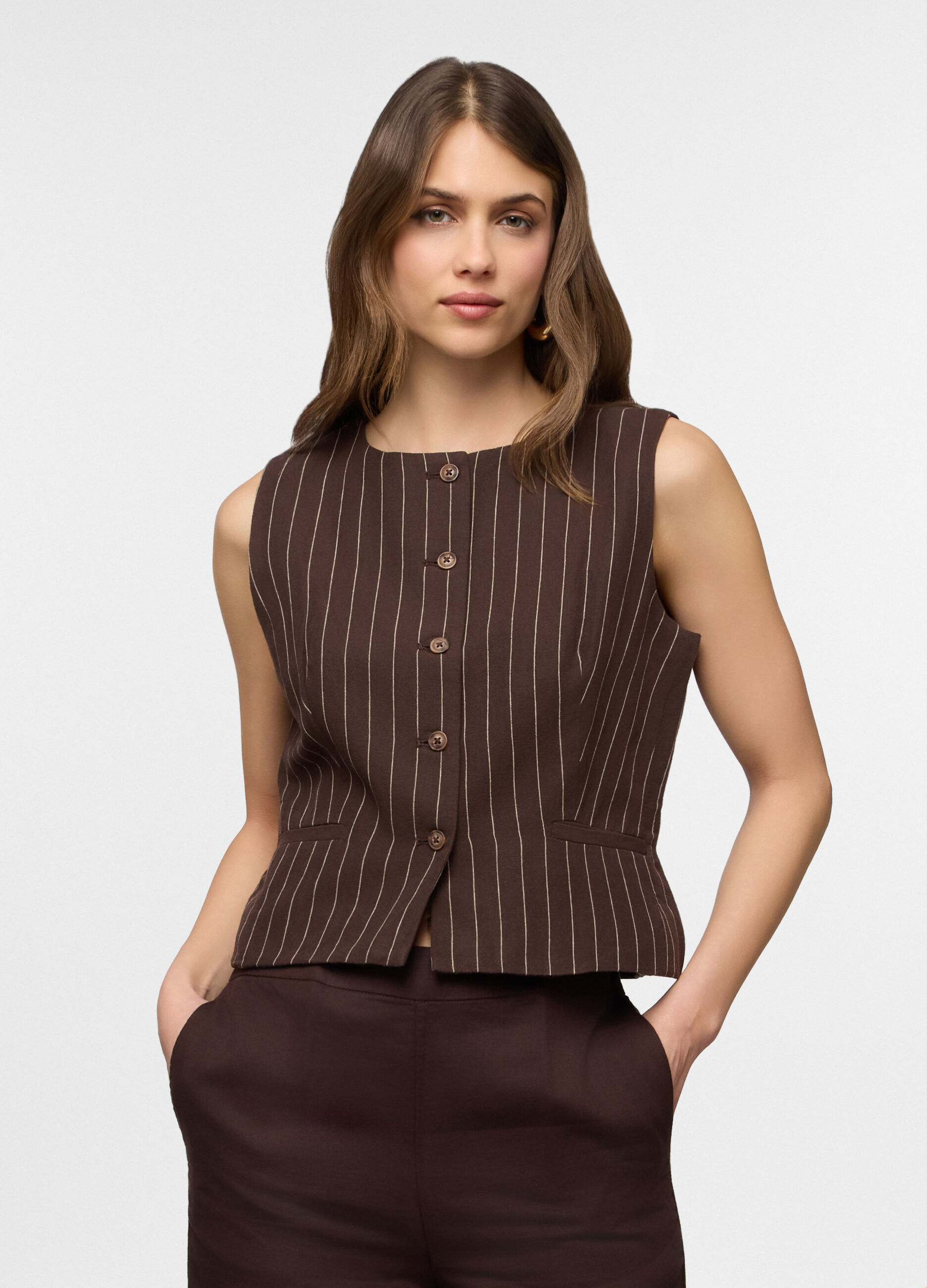 Gilet Fit tailored misto lino gessato donna_0