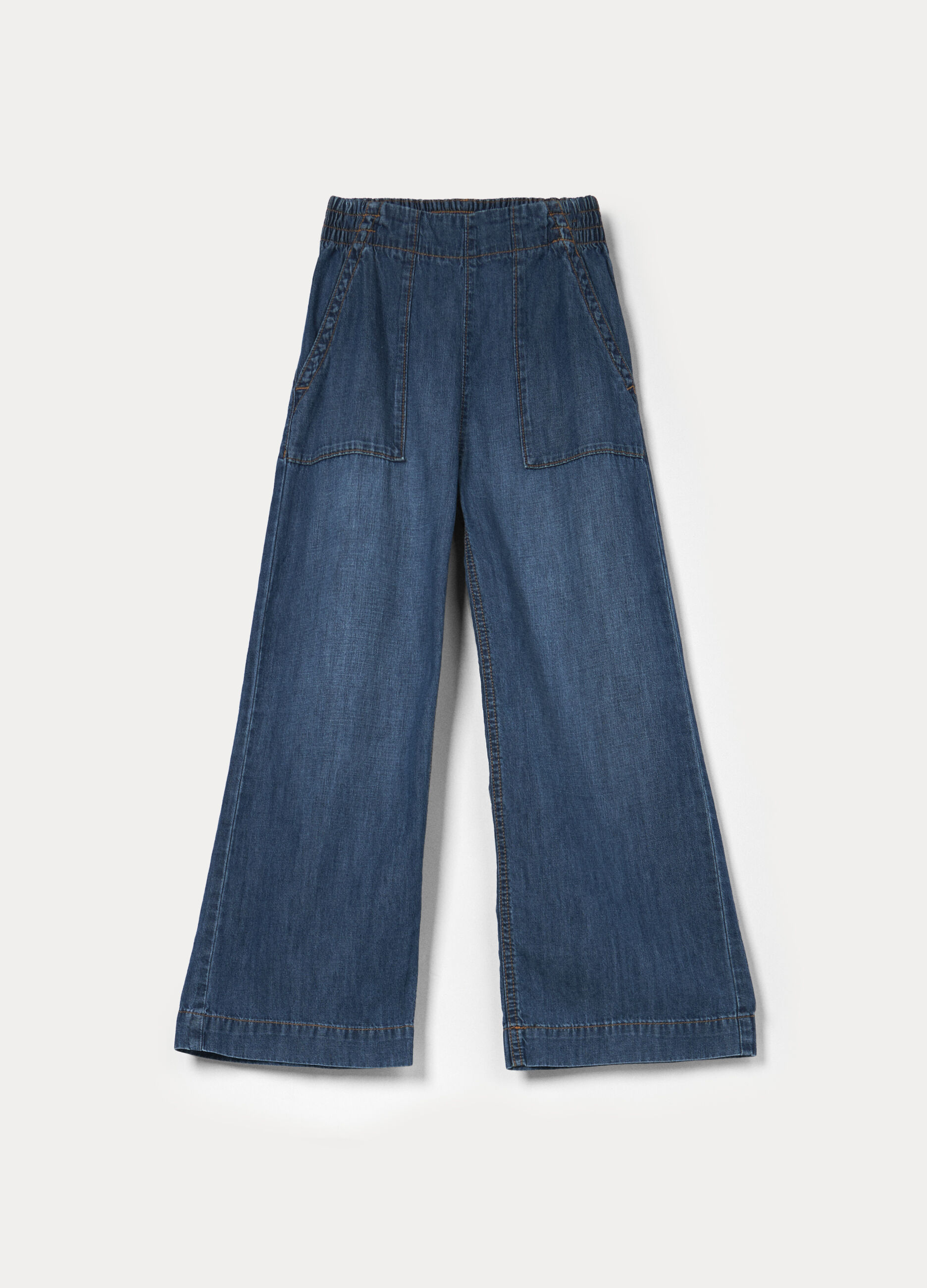 Pantaloni wide leg in denim di puro cotone ragazza_0