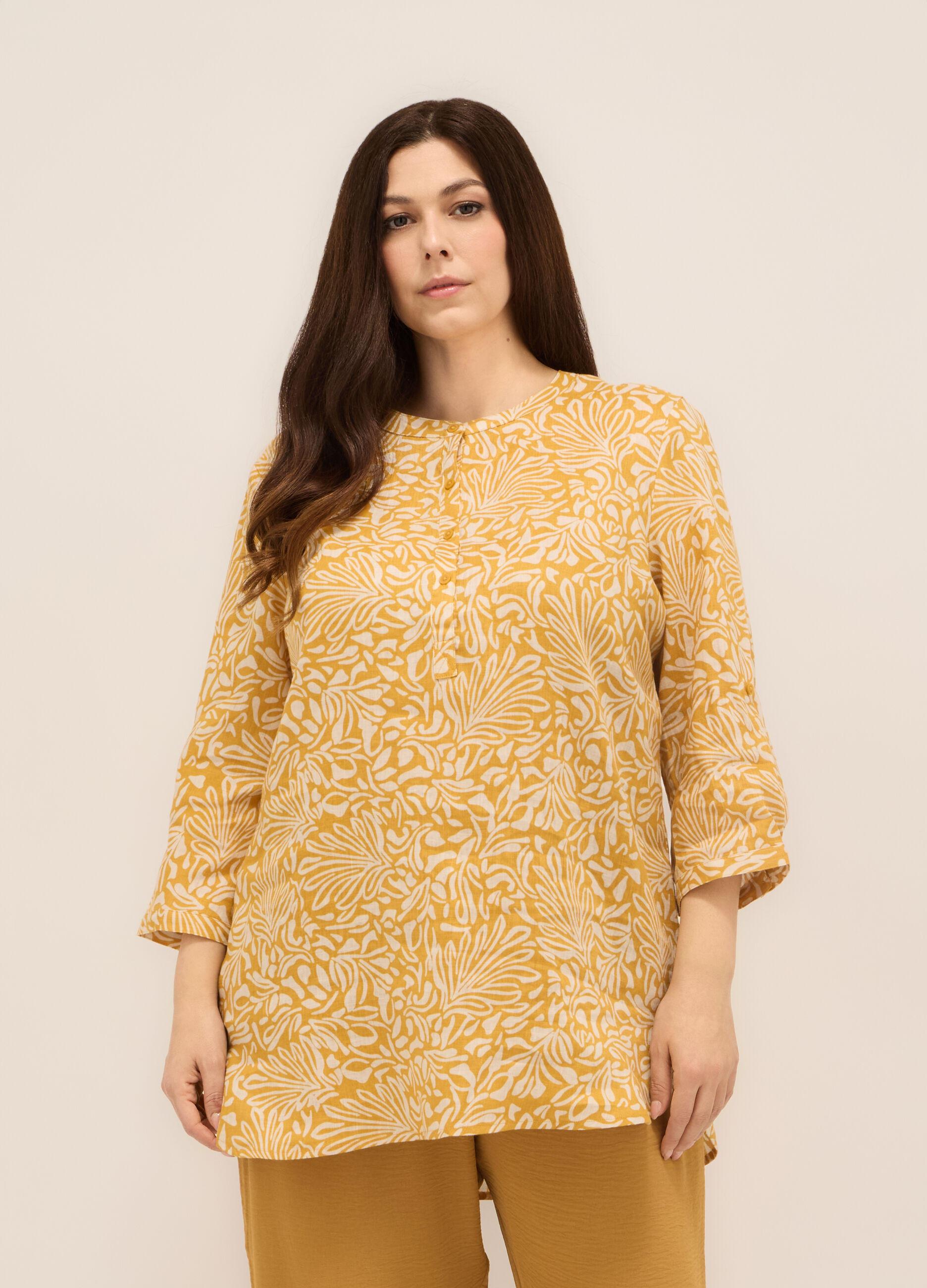 Blusa in puro lino con stampa donna curvy_0