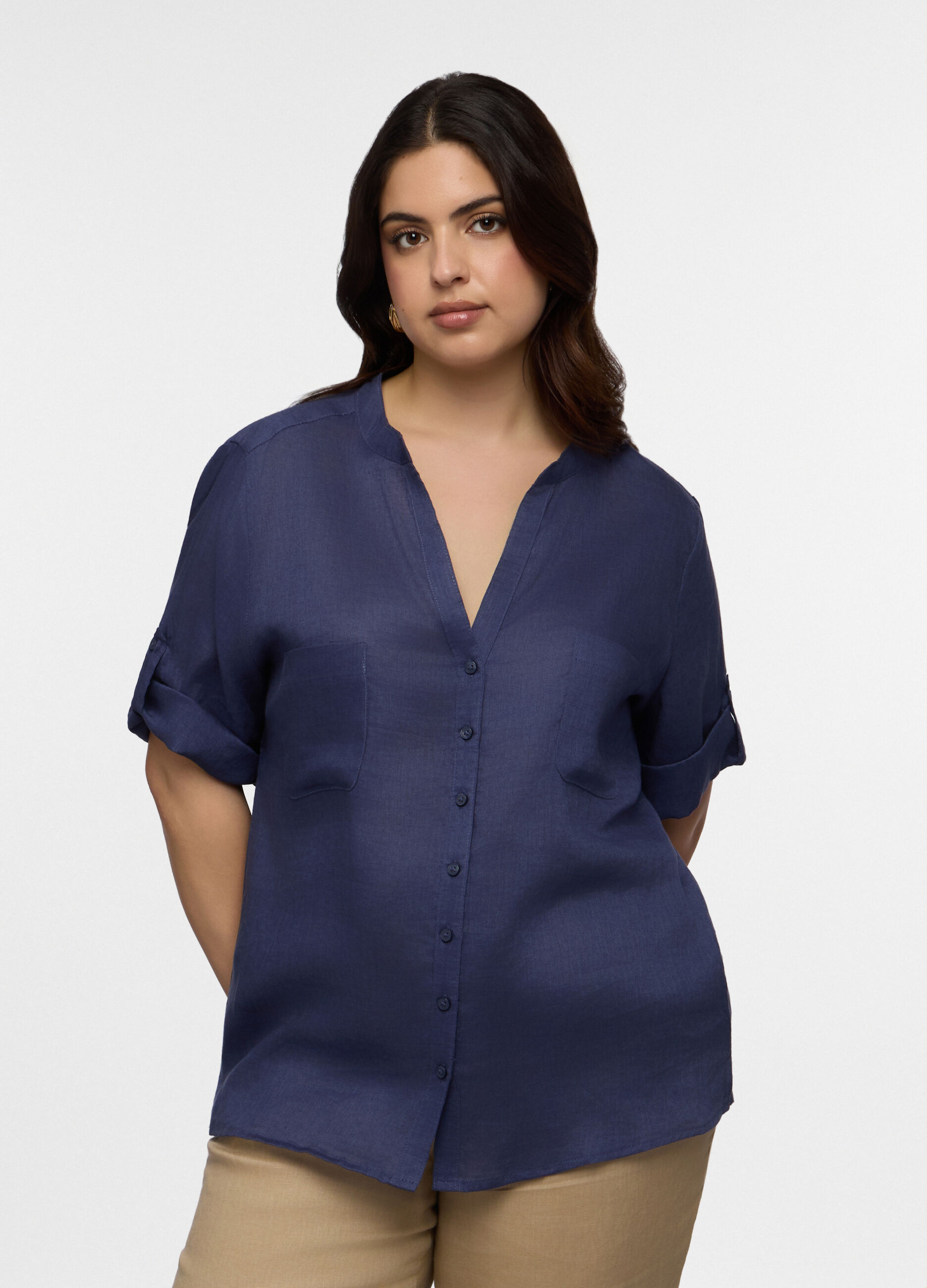 Camicia Fit Regular con scollo a V in puro lino donna curvy_0