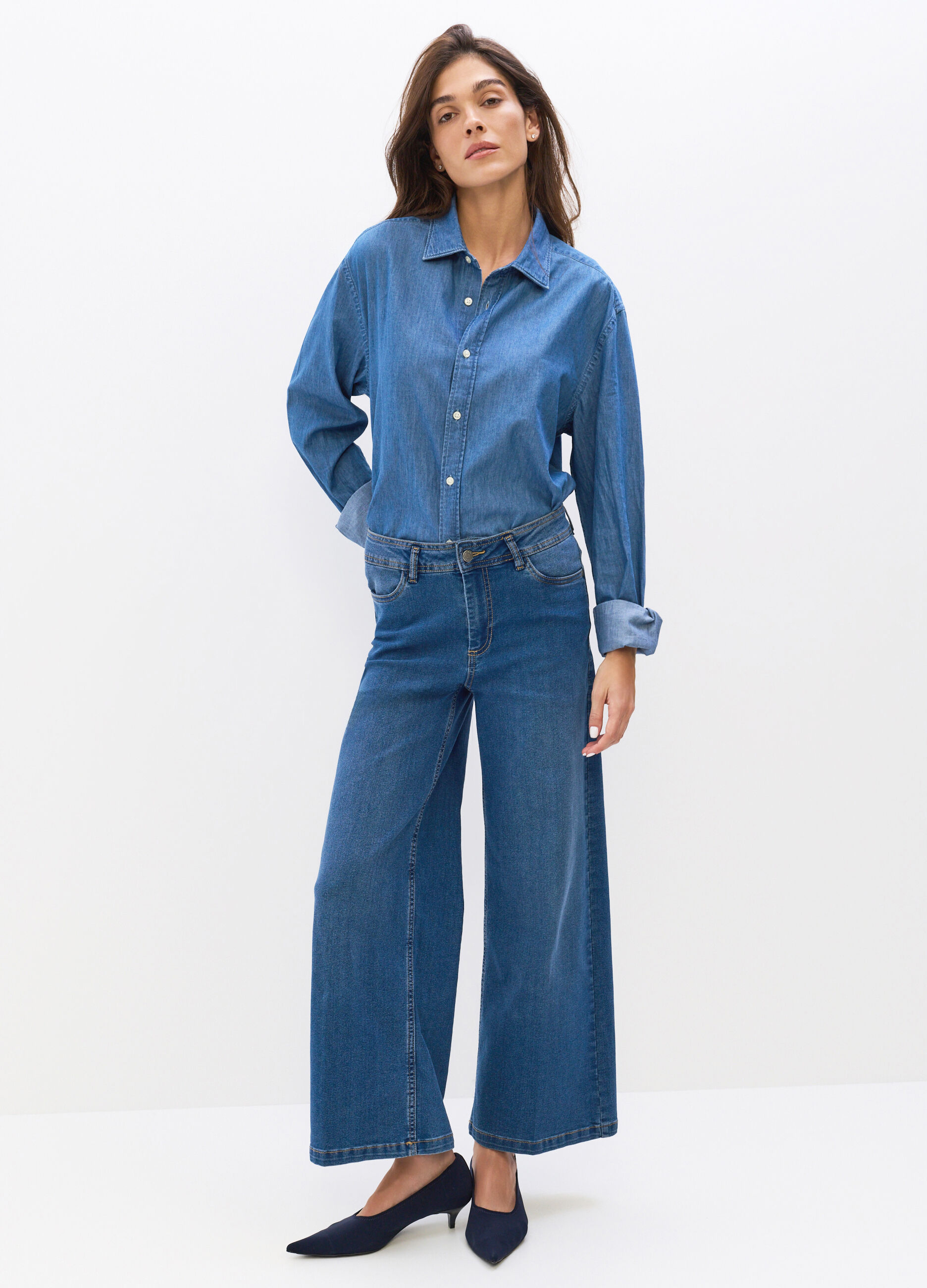 Pantaloni Wide Leg in denim di misto cotone stretch donna_2