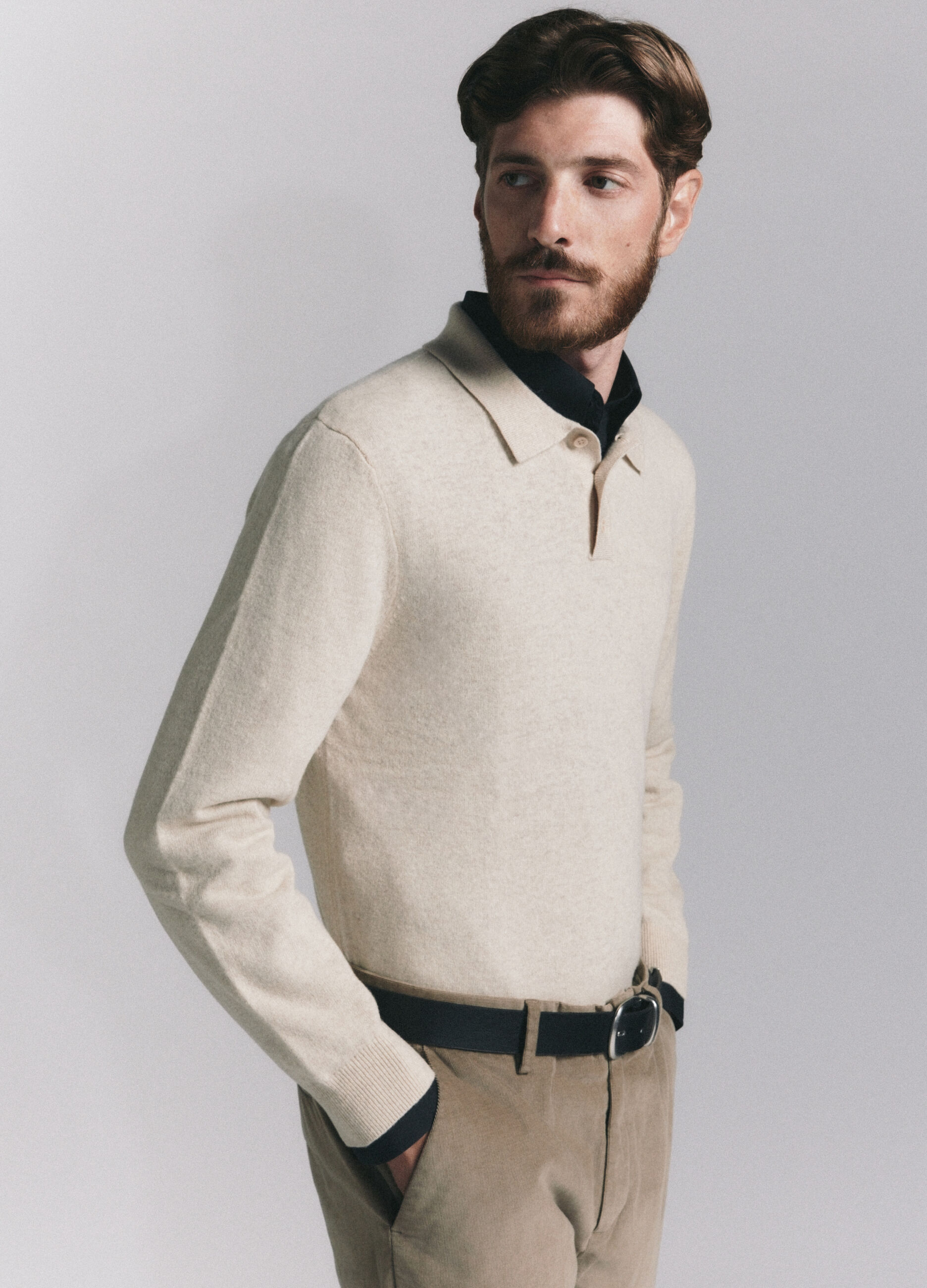 Polo a maniche lunghe in maglia di lambswool uomo_1