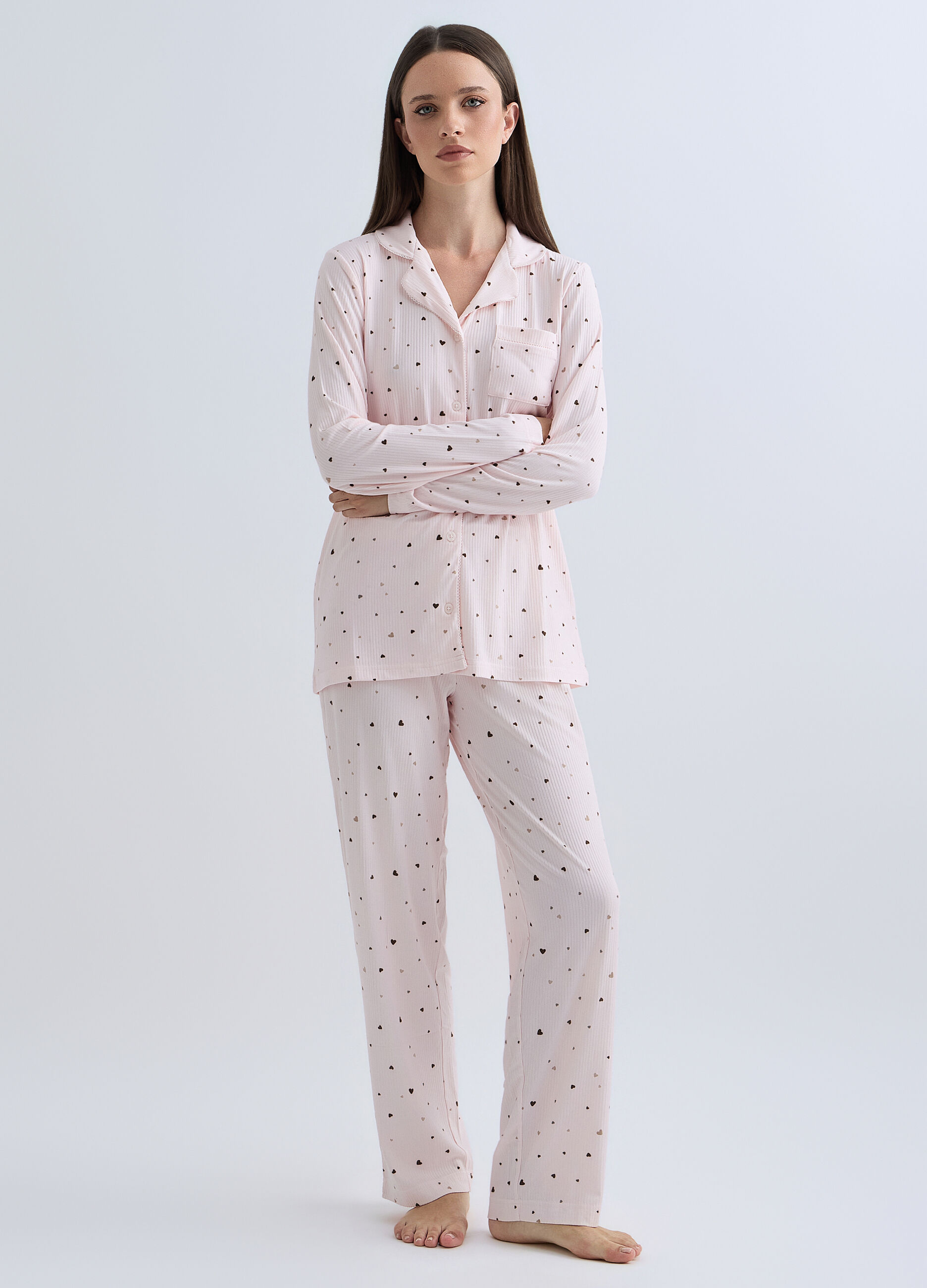 Set pigiama lungo in costina stretch donna_0