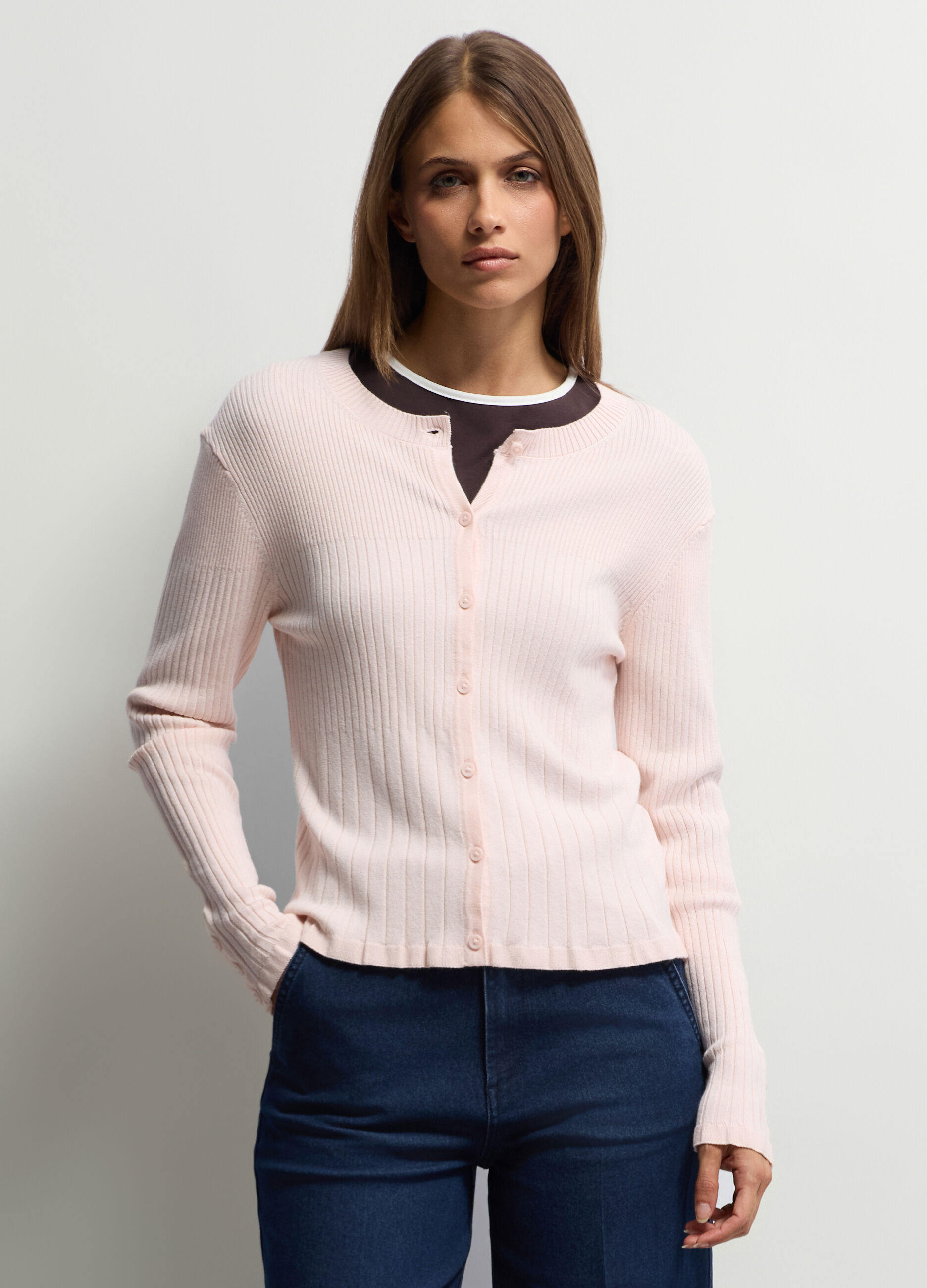 Cardigan girocollo in costina donna_0