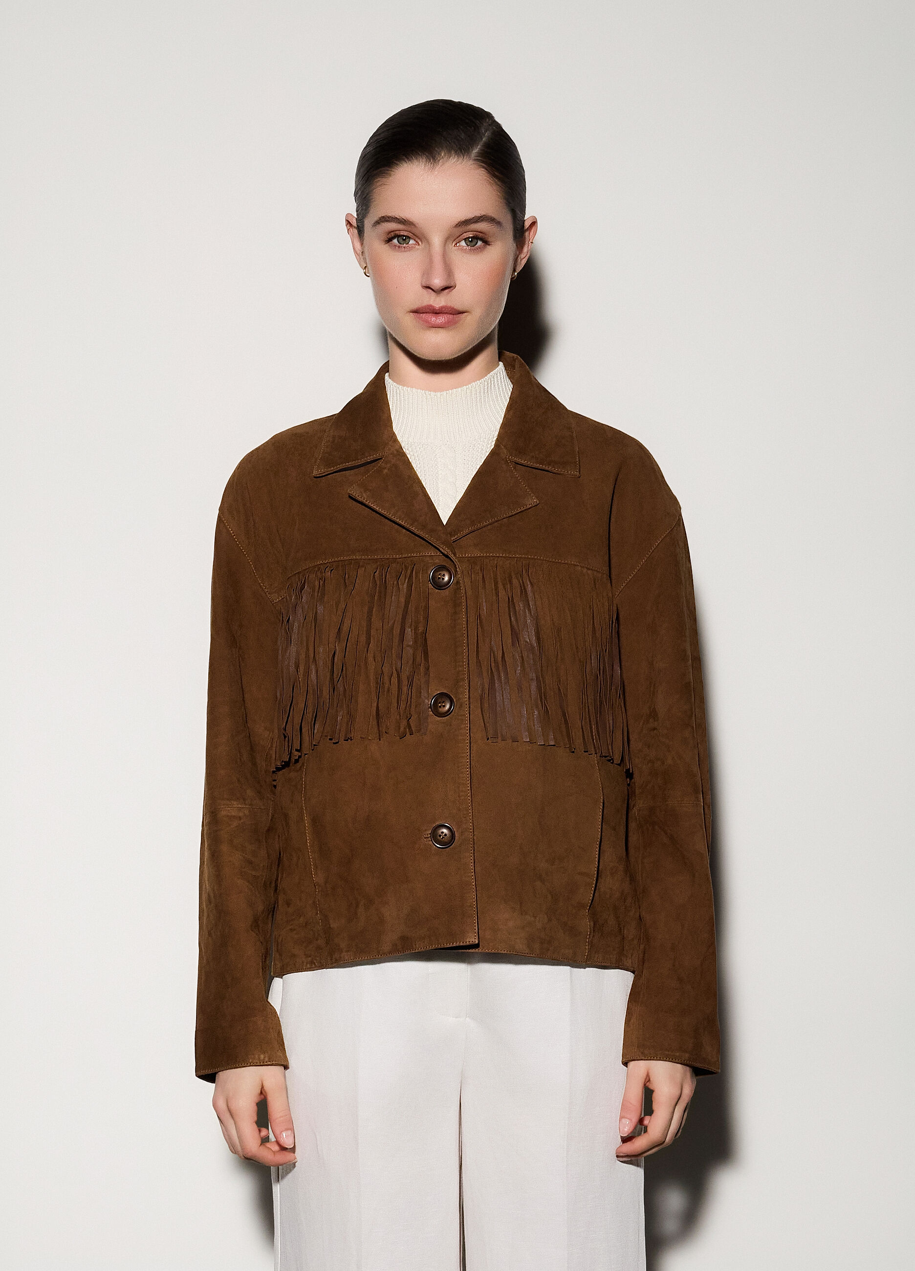 Giacca in vera pelle scamosciata con frange donna_1