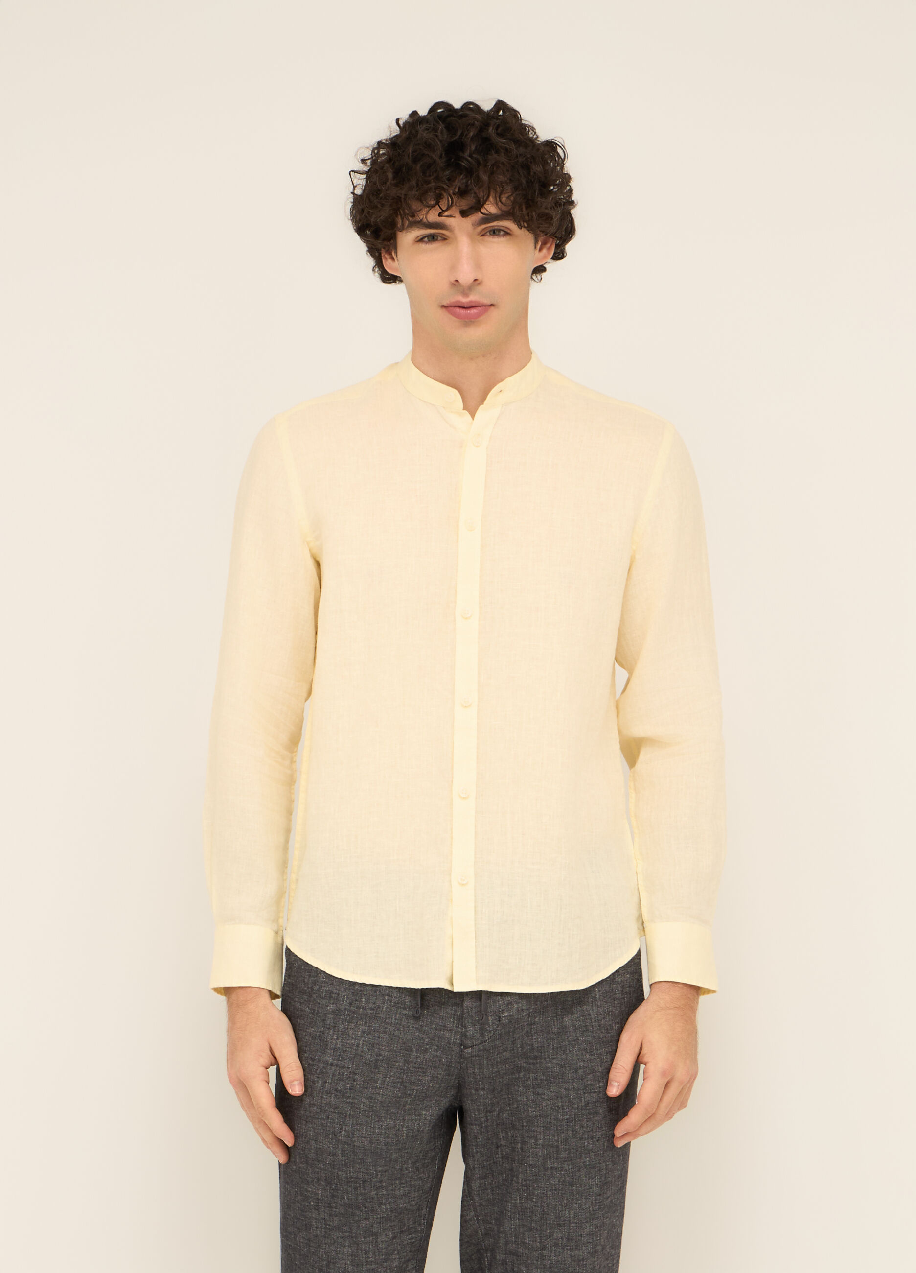 Camicia colletto coreano in puro lino uomo_0