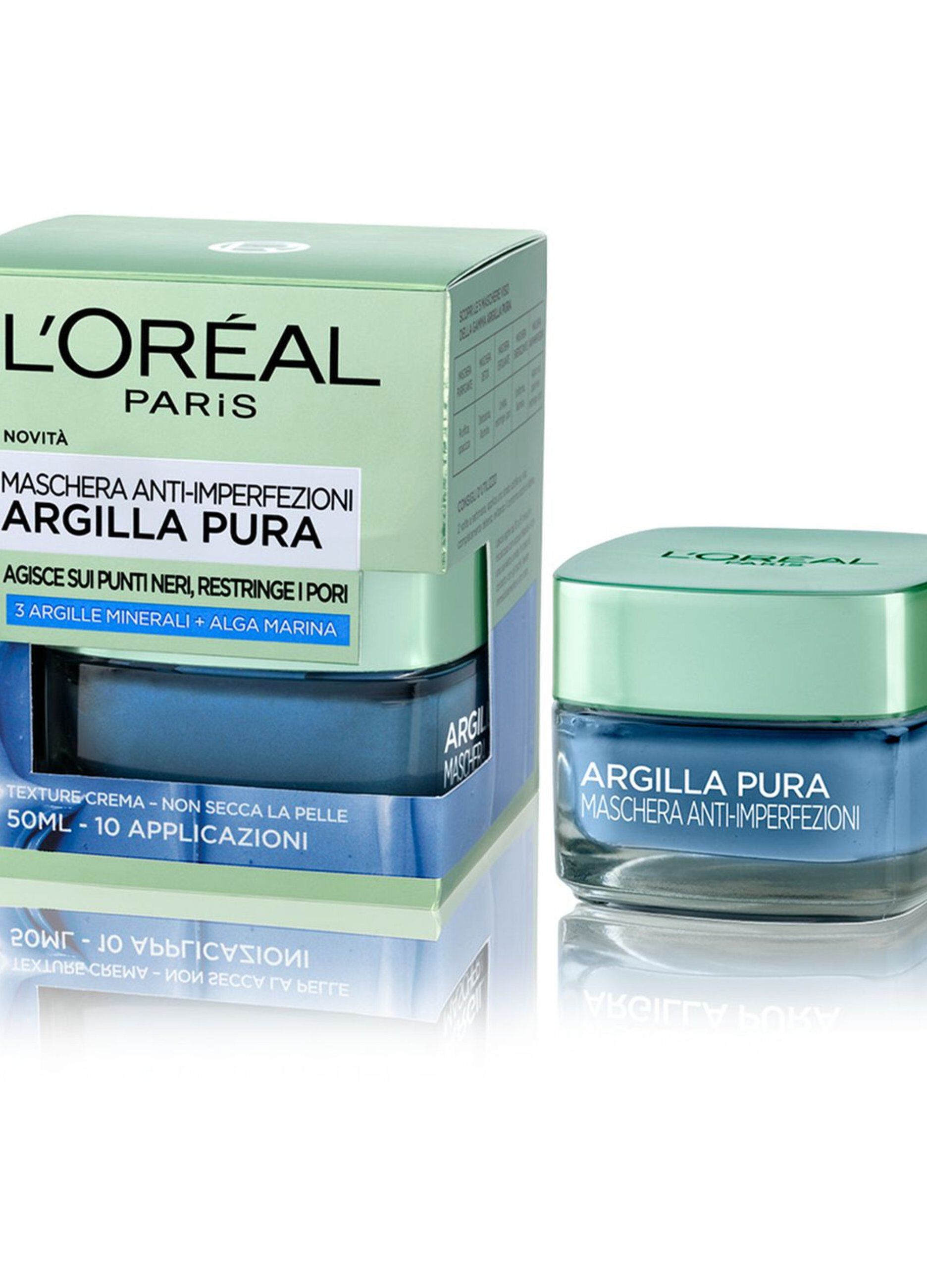 L'Oréal Paris Maschera per il Viso Argilla Pura, Azione Anti-Imperfezioni, Agisce sui Punti Neri e Ristringe Pori, con Alga Marina e 3 Argille Minerali, 50 ml._0
