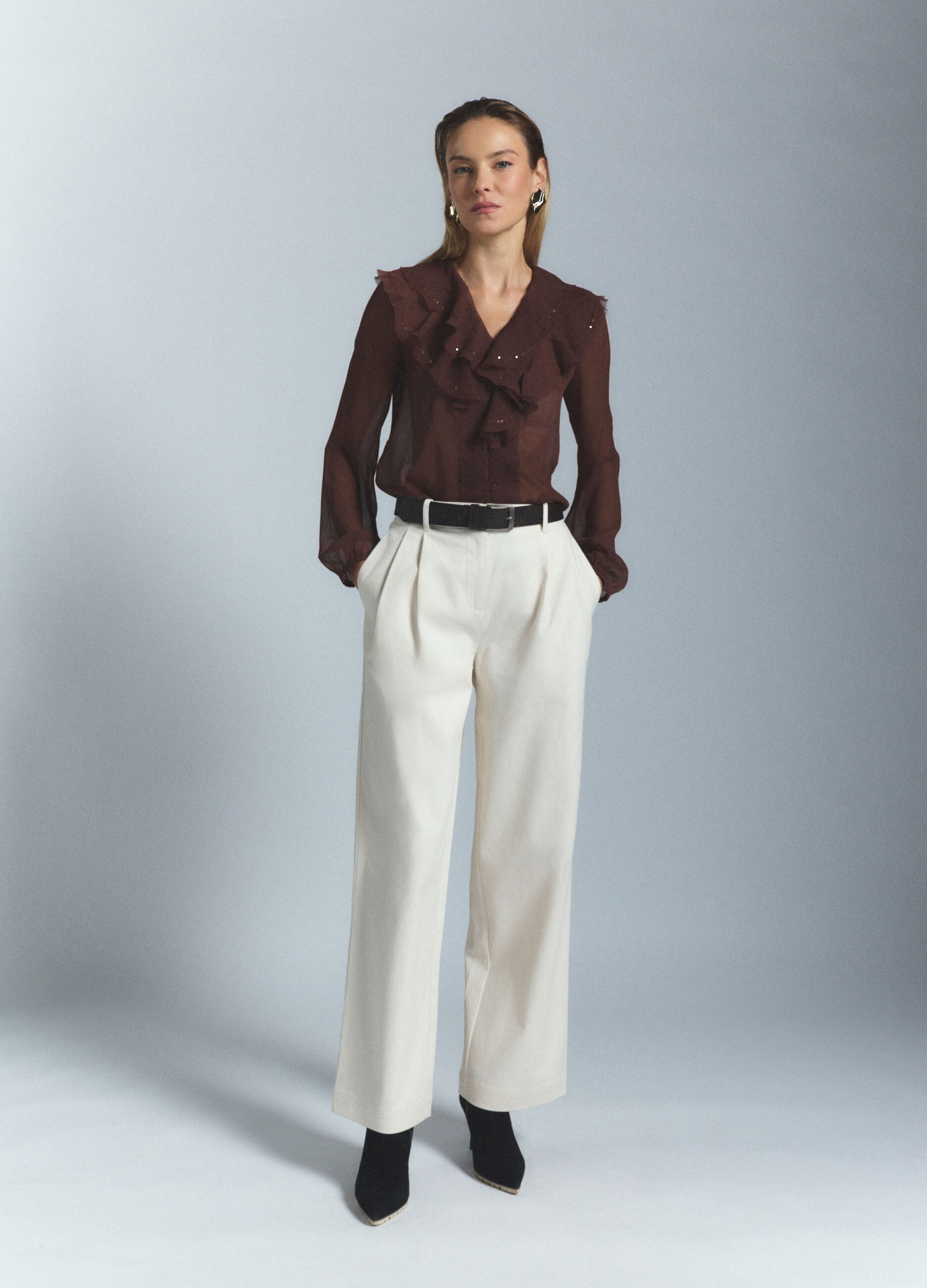 Camicia Fit Regular con scollo a V in chiffon donna_0