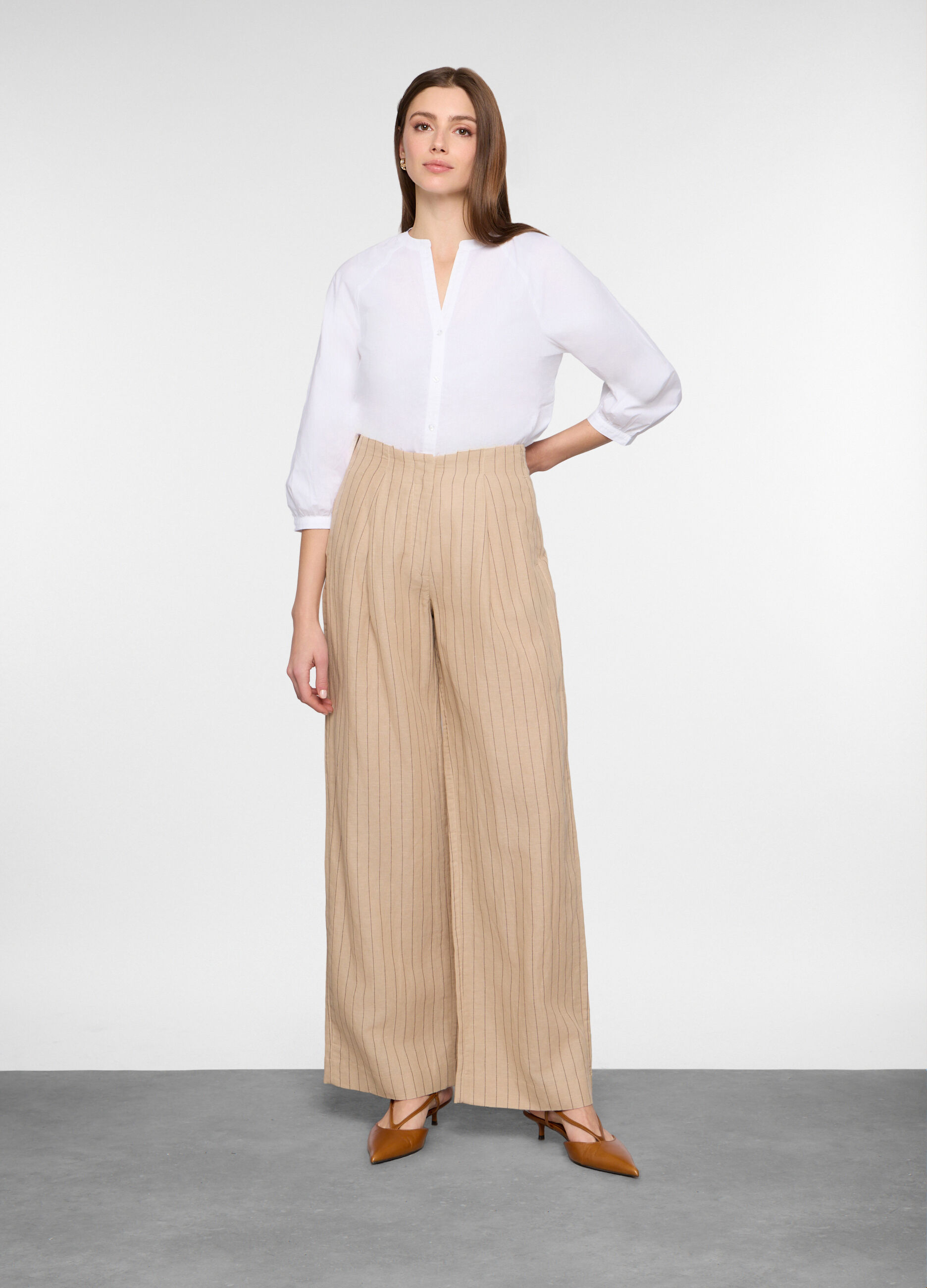 Pantaloni palazzo gessati misto lino donna_0