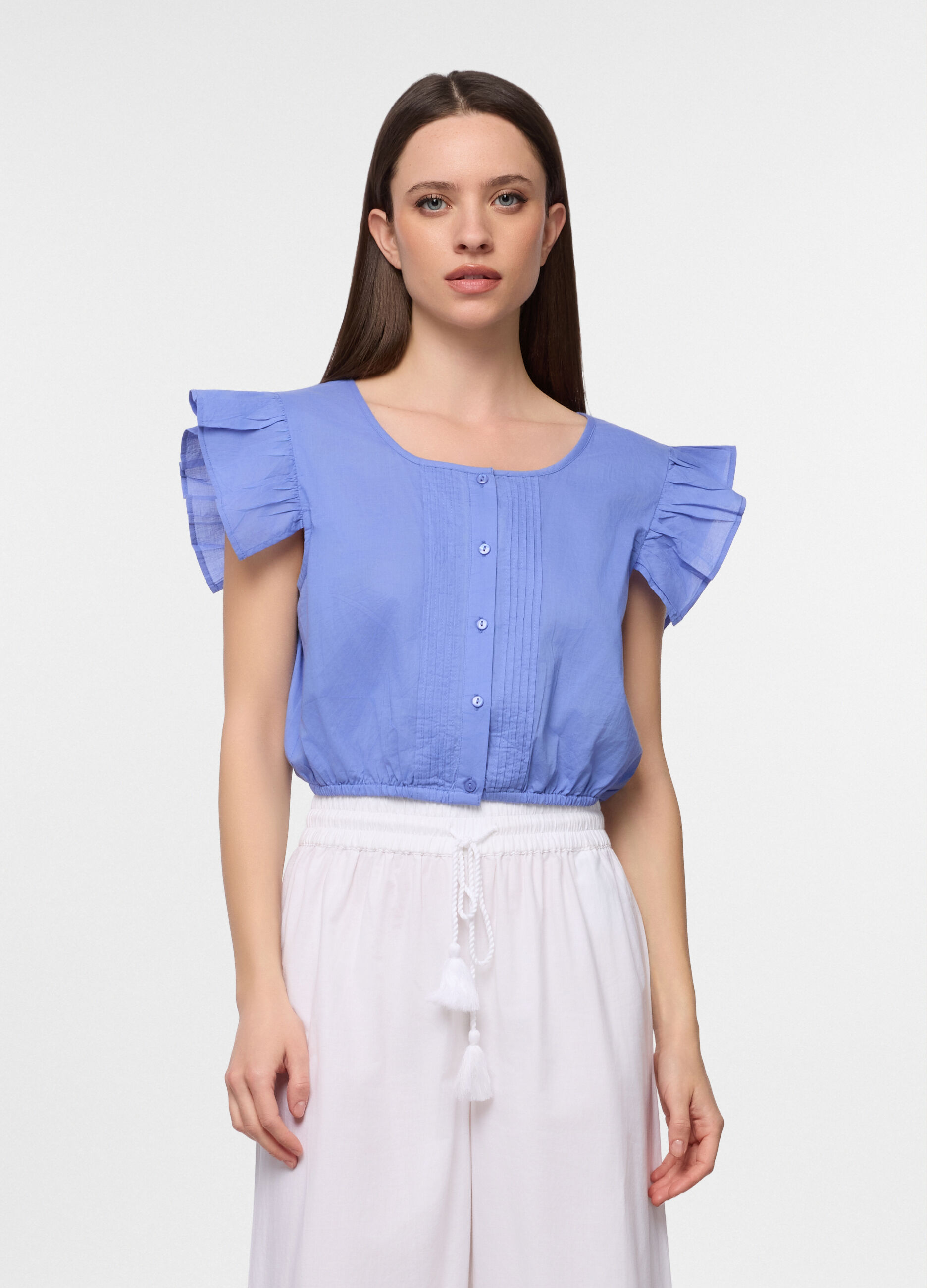 Camicia fit slim con scollo rotondo in puro cotone donna_0