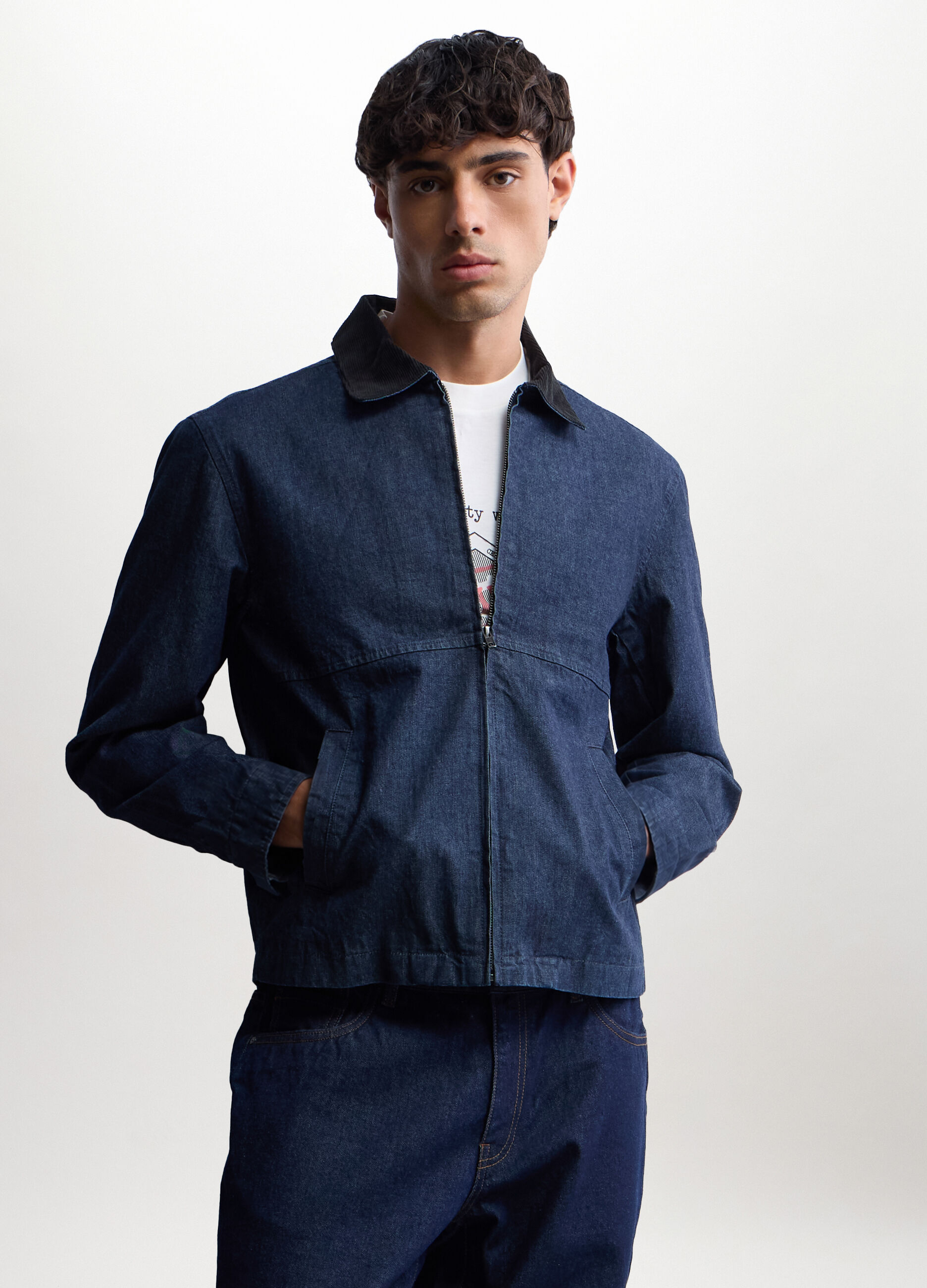Giacca di jeans con colletto in velluto a coste uomo_0