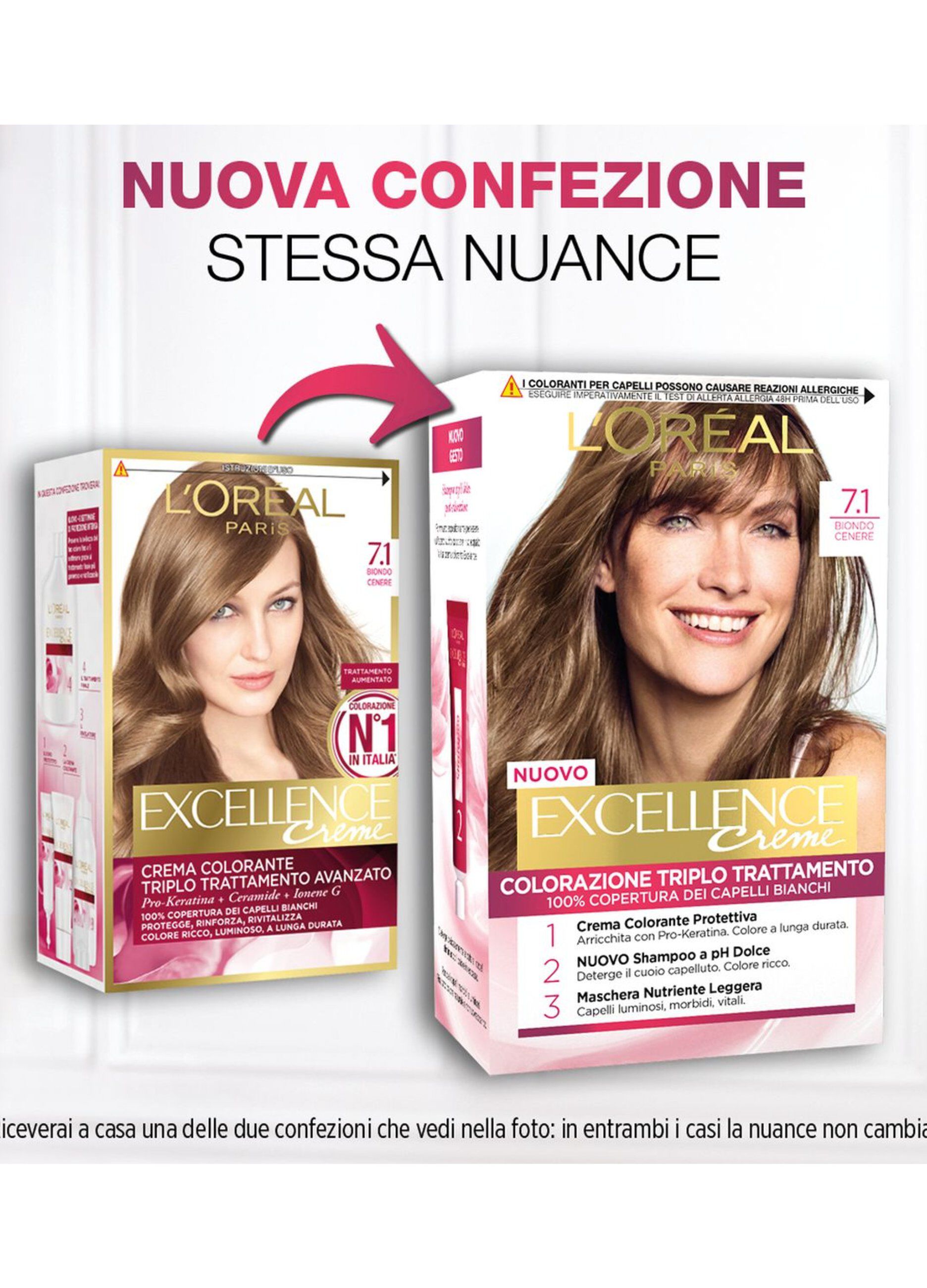 L'Oréal Paris Tinta Capelli Excellence, Copre i capelli bianchi, colore ricco, luminoso e a lunga durata, 7.1 Biondo Cenere.