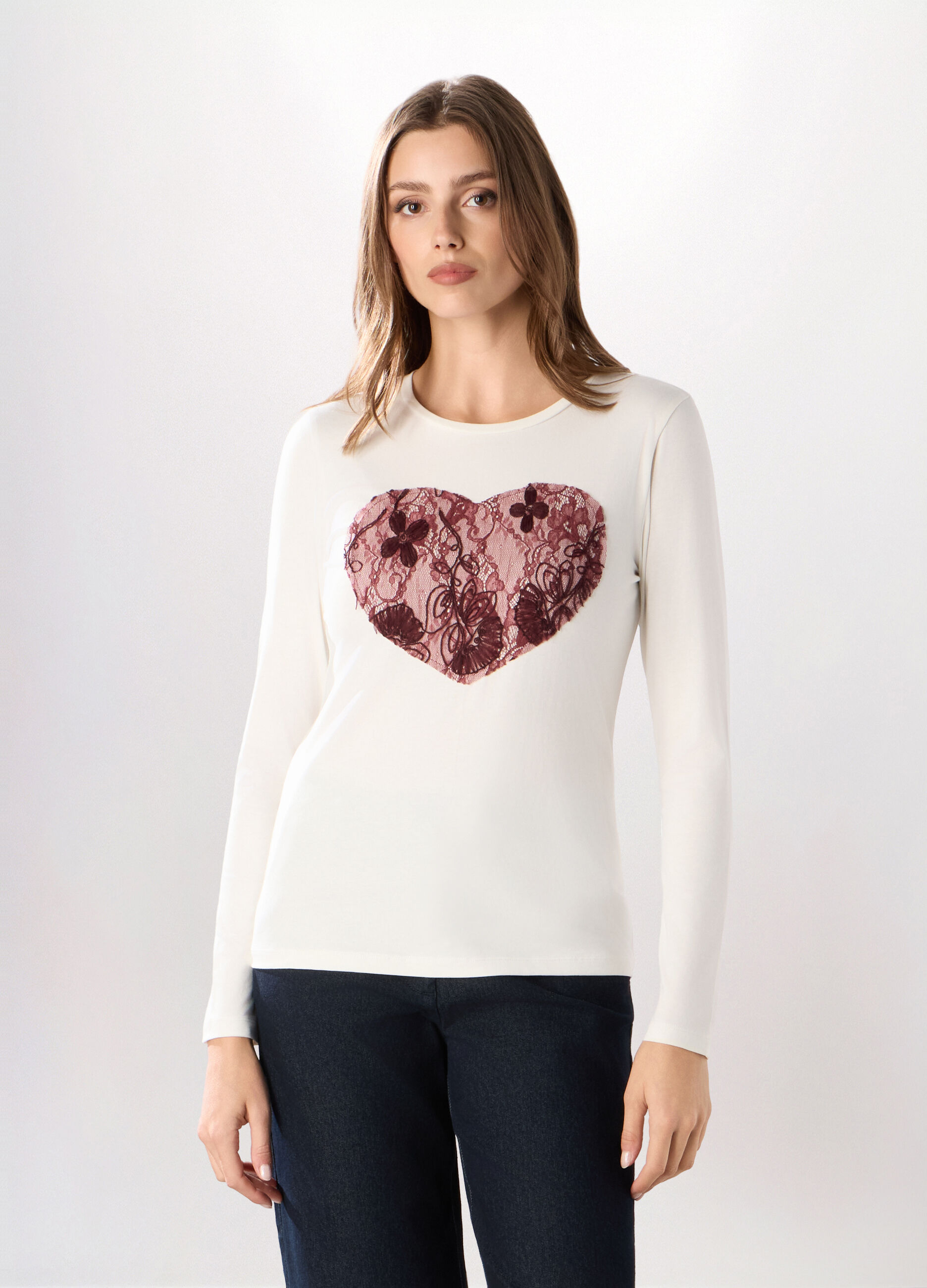 T-shirt in cotone stretch con ricami donna_0