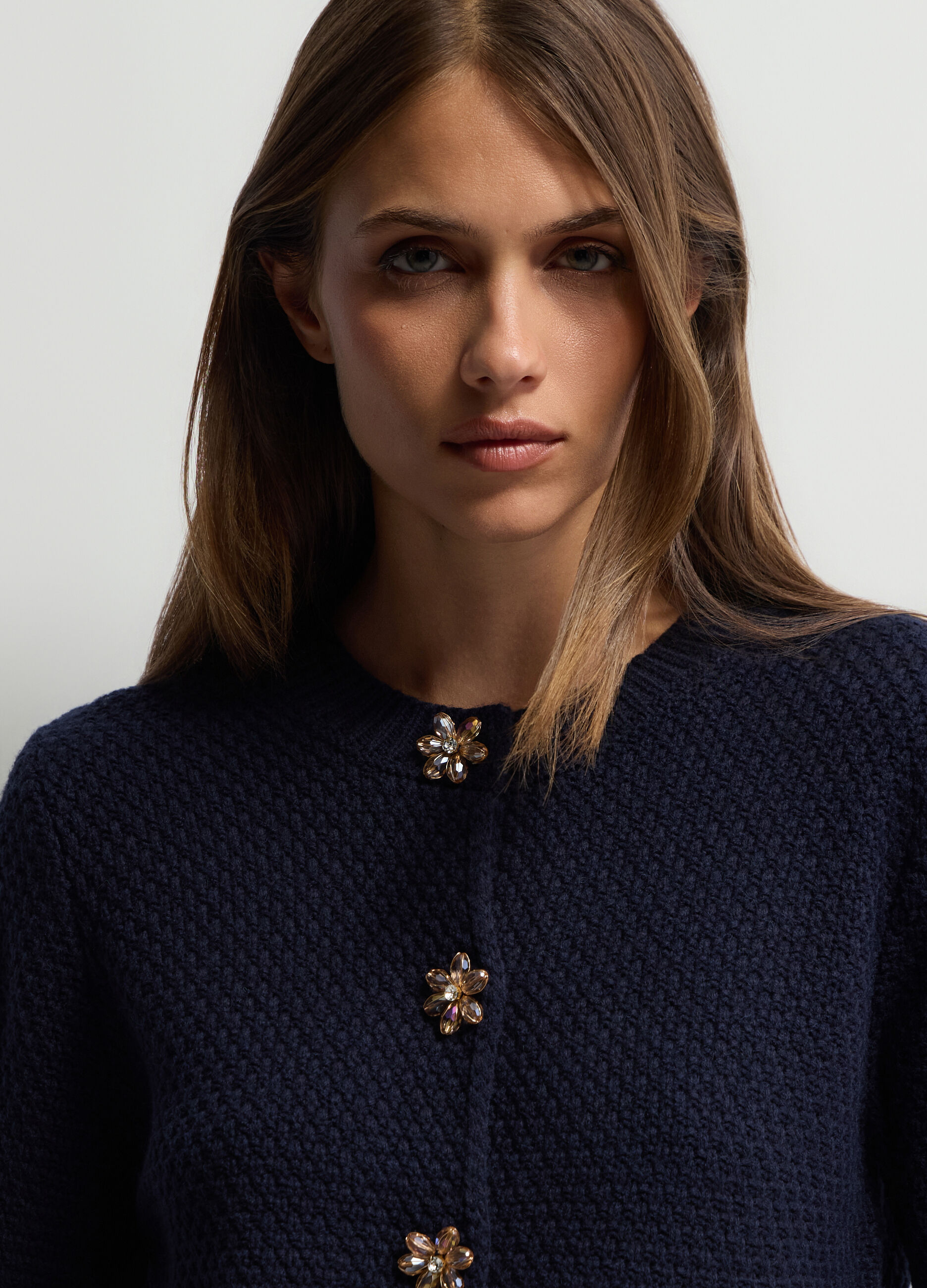 Cardigan girocollo operato misto lana donna_2