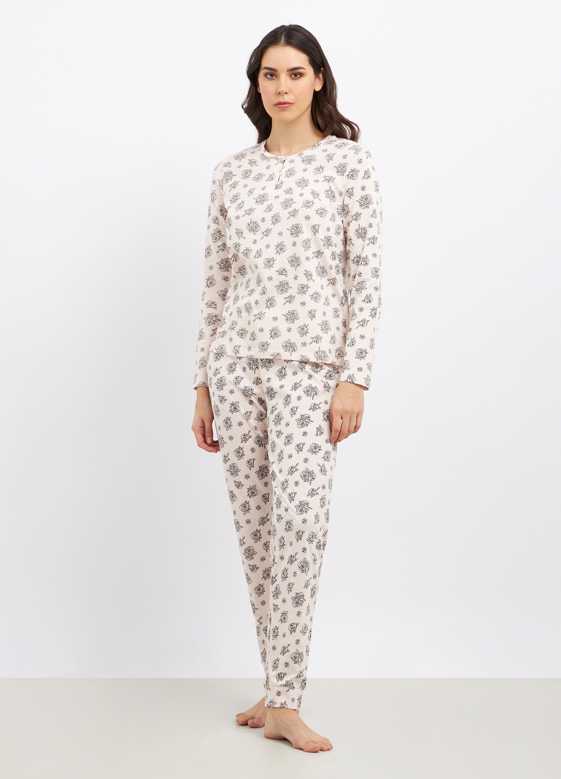 Set pigiama lungo in puro cotone stampato donna_0