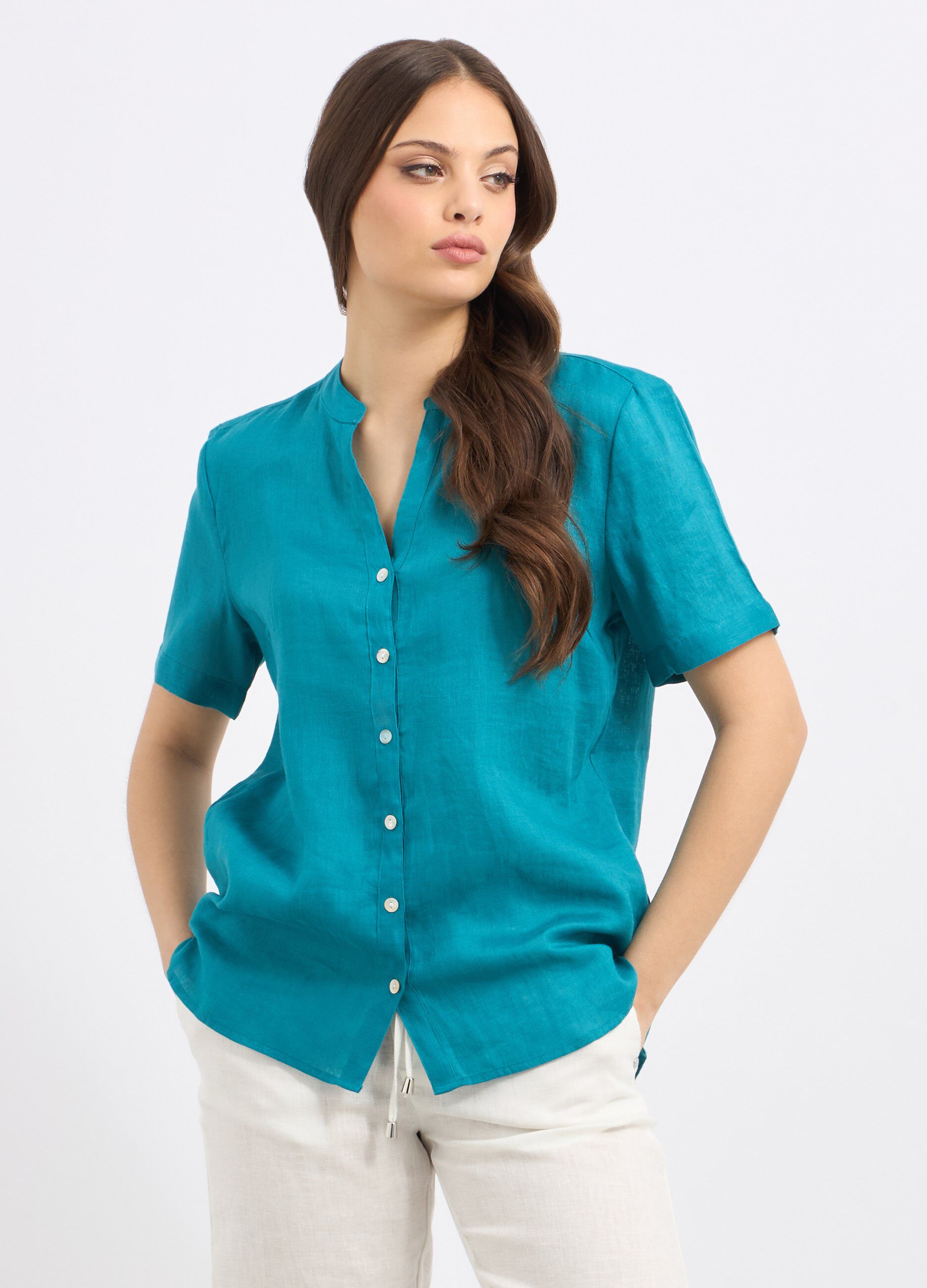 Camicia in puro lino a maniche corte donna_0