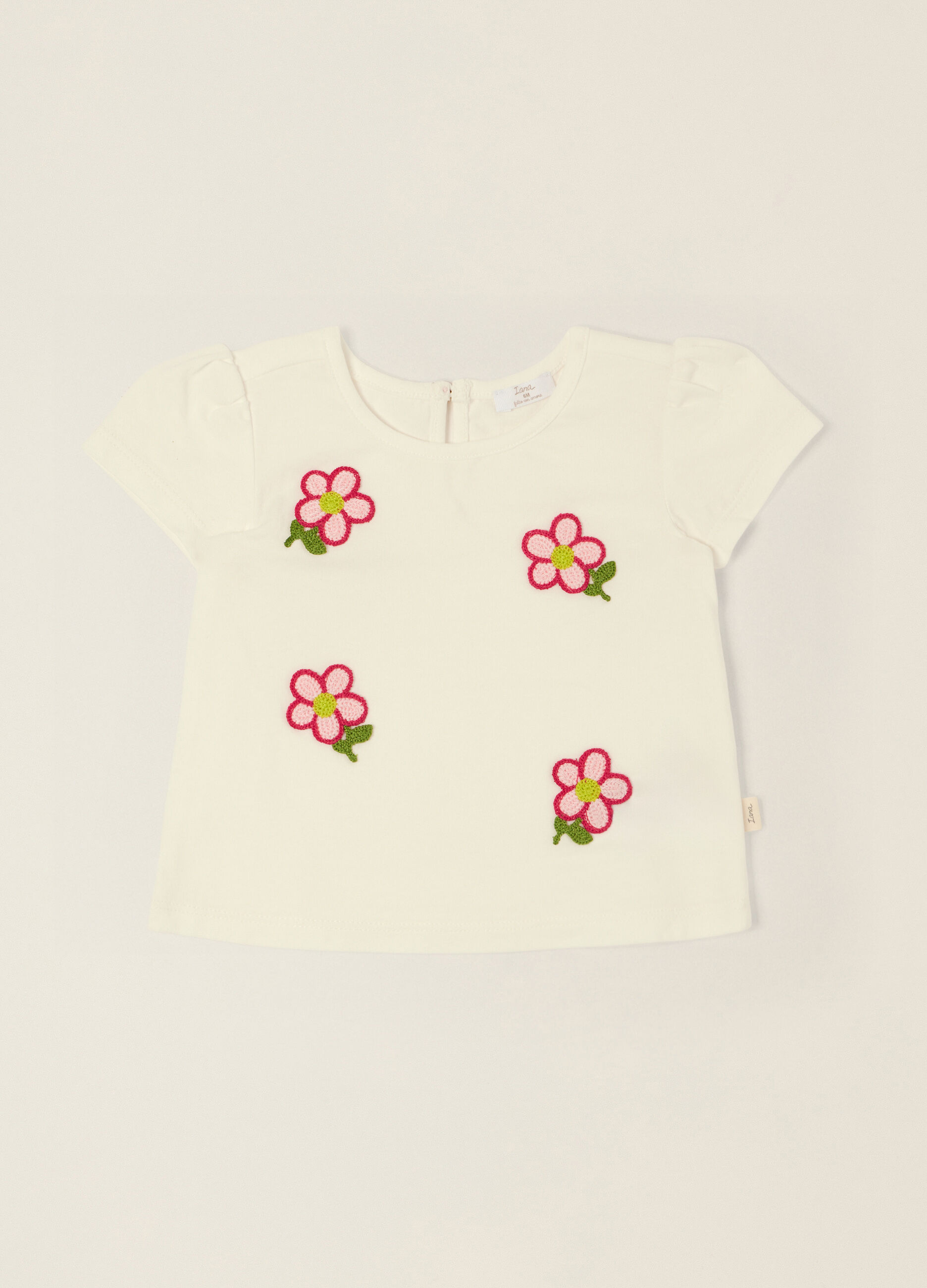 T-shirt bianca in cotone organico con fiori ricamati_0
