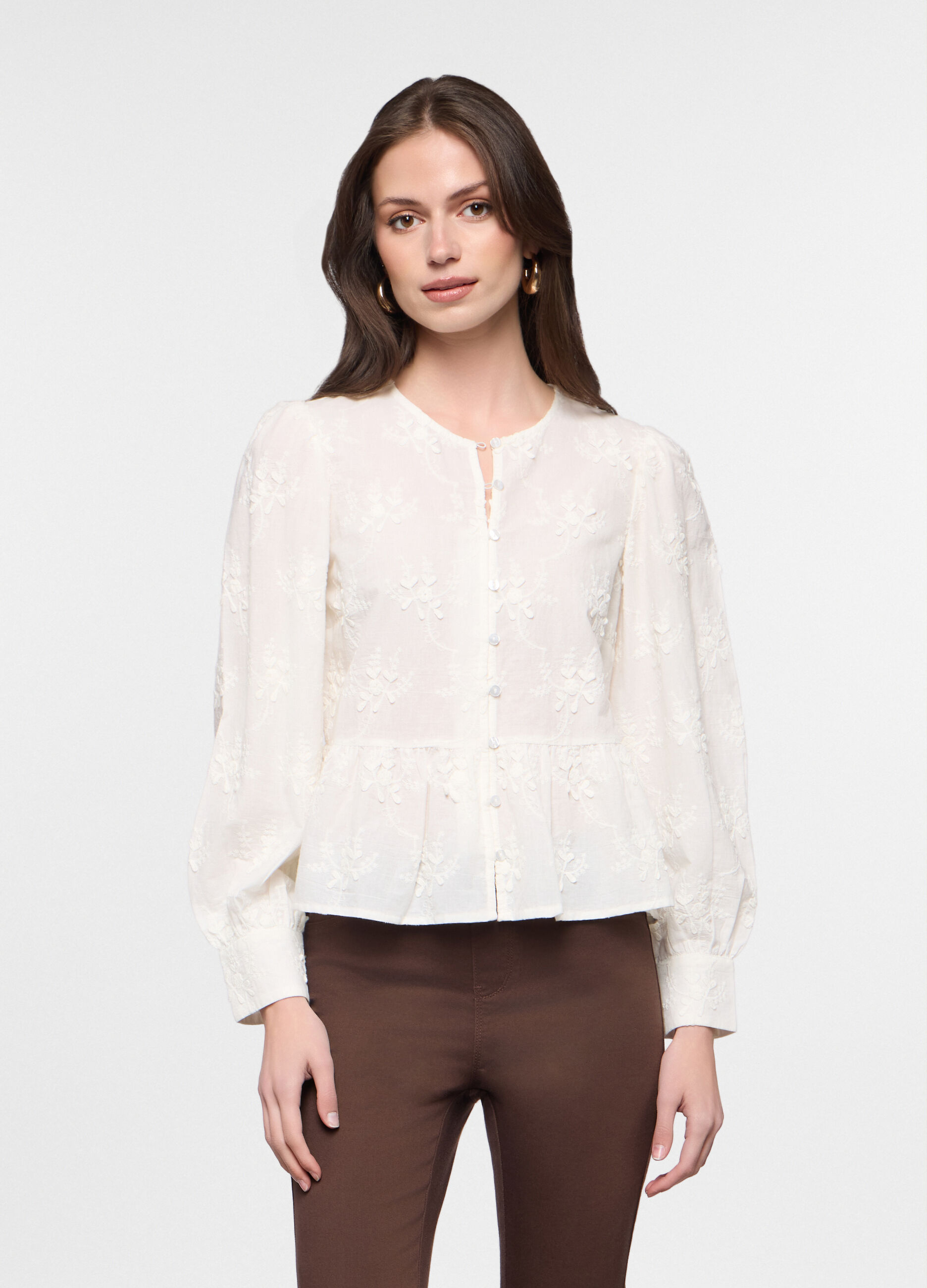 Camicia regular fit con scollo rotondo in puro cotone donna_0