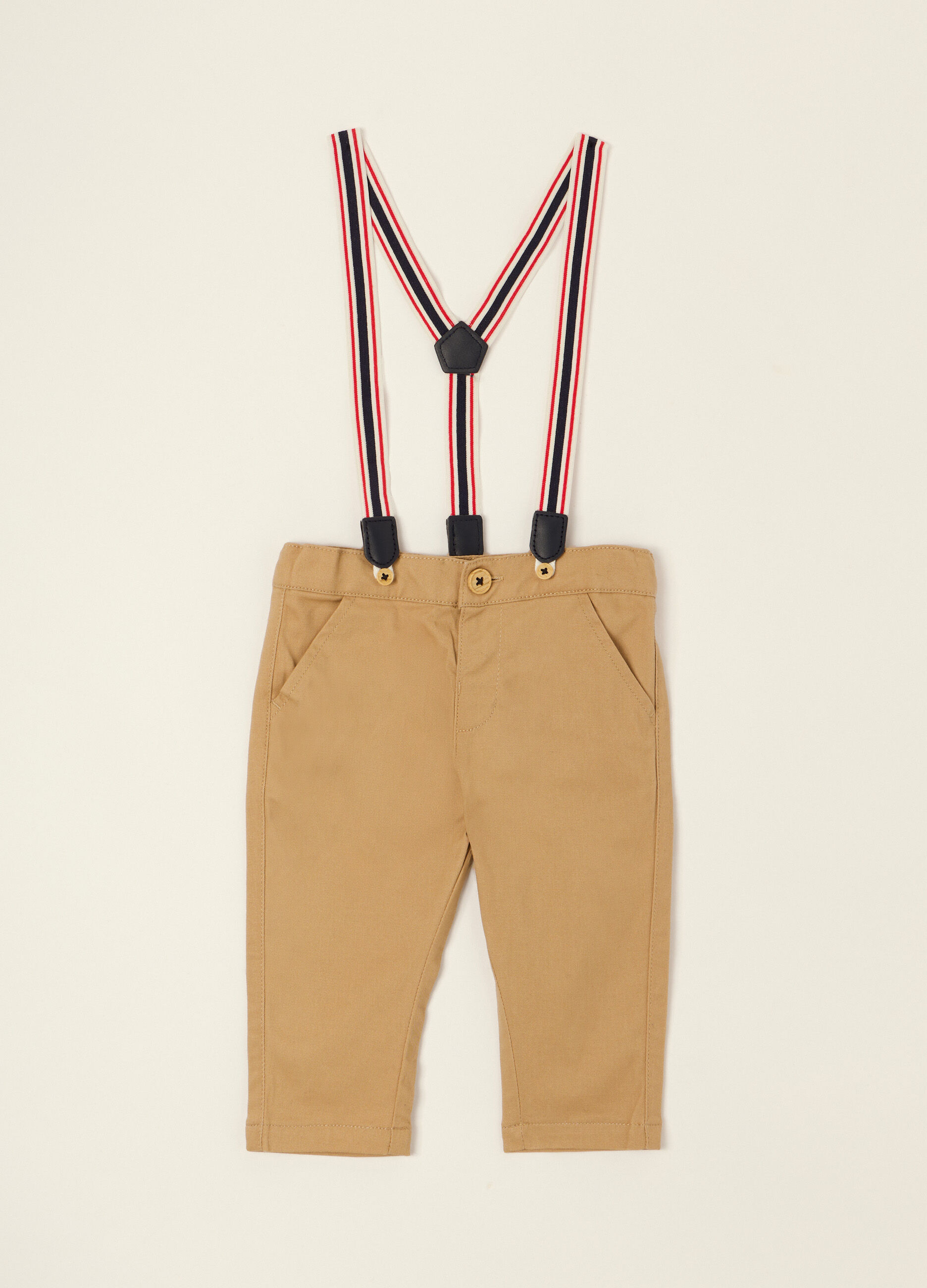 Pantaloni beige per neonato in cotone elasticizzato con bretelle_0