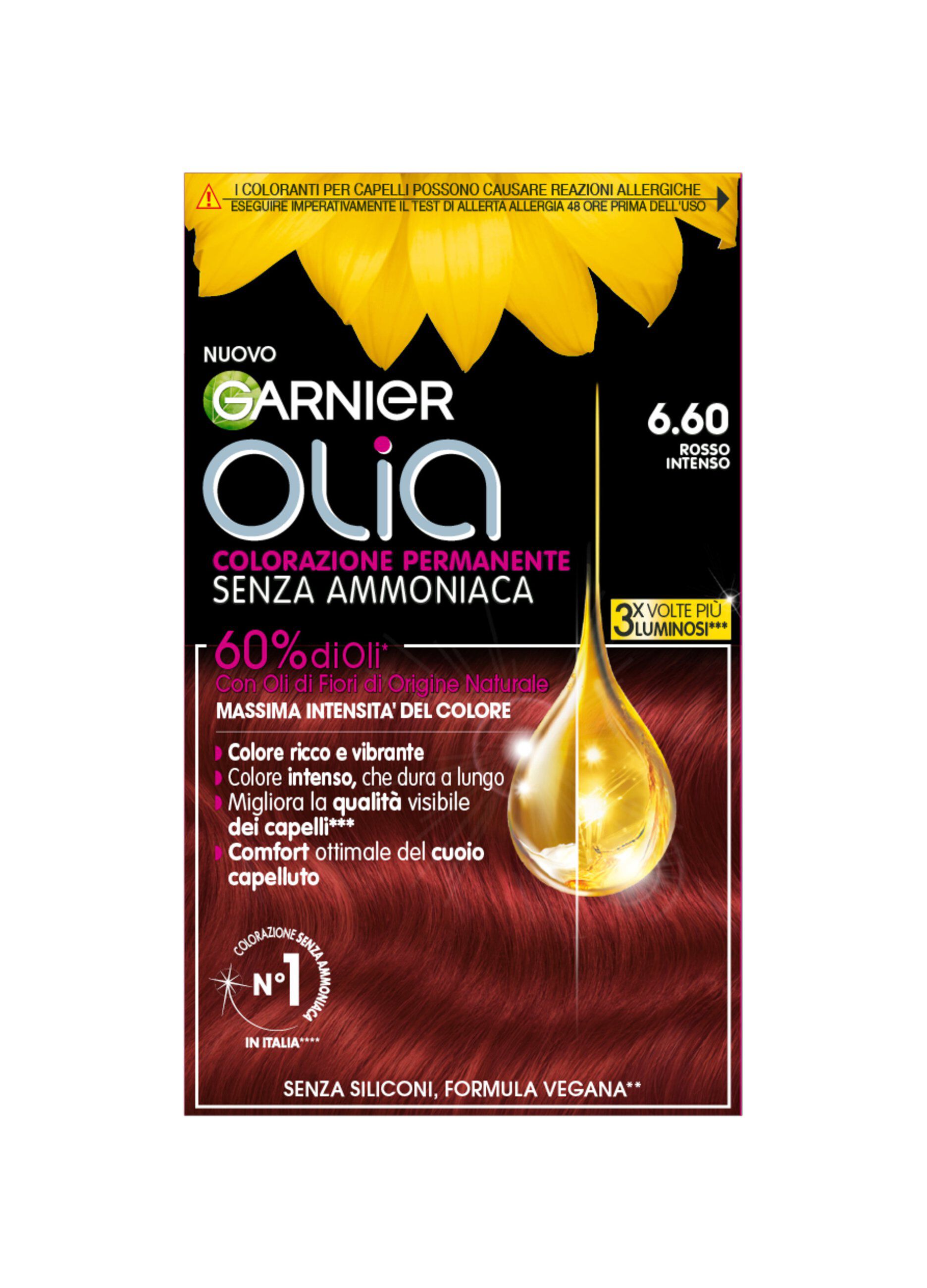 Garnier Tinta Capelli Olia, Colorazione permanente senza ammoniaca, copre il 100% dei capelli bianchi, Con oli di fiori di origine naturale, Bold Rosso Intenso (6.60).