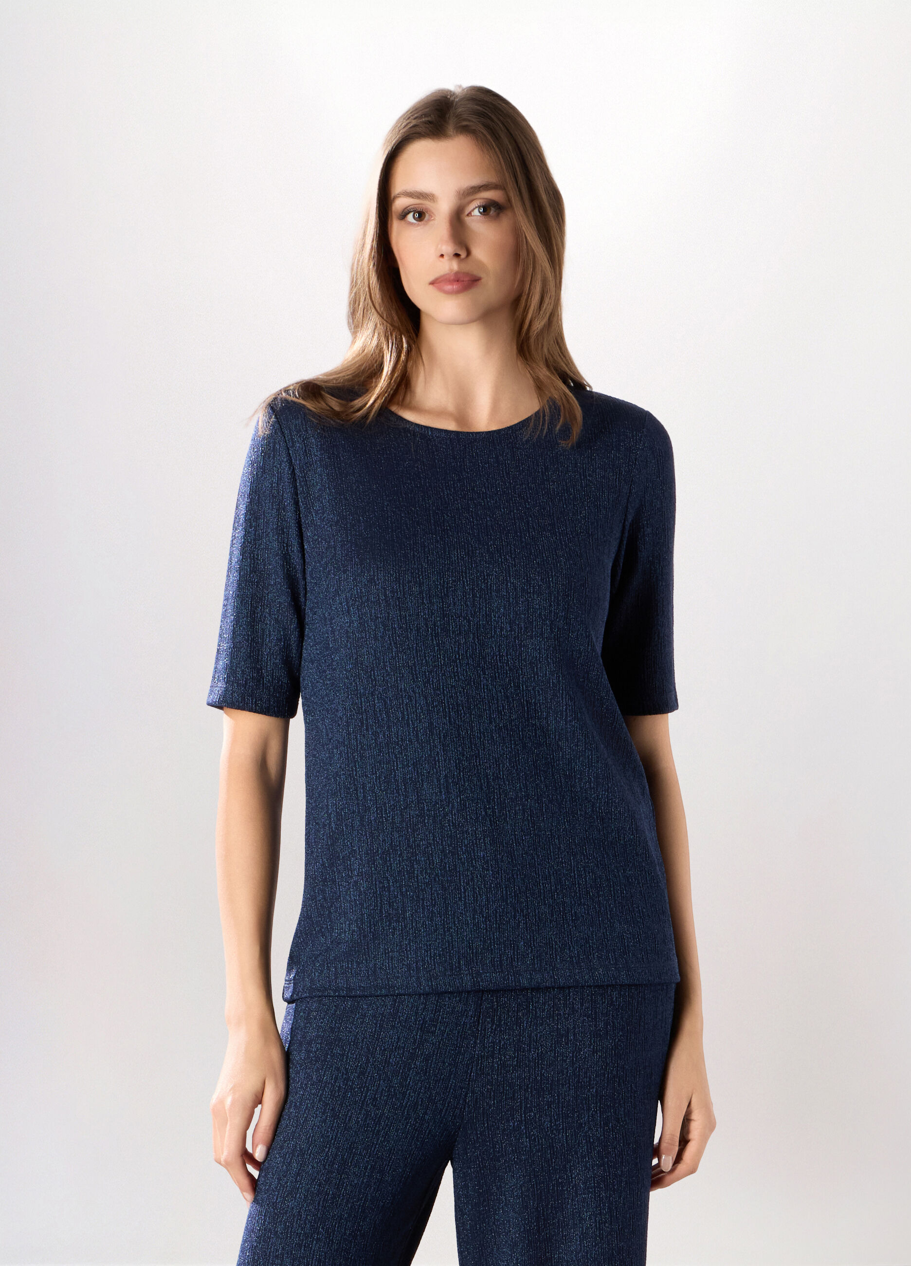 T-shirt crinkle a maniche corte e filo lurex donna_0