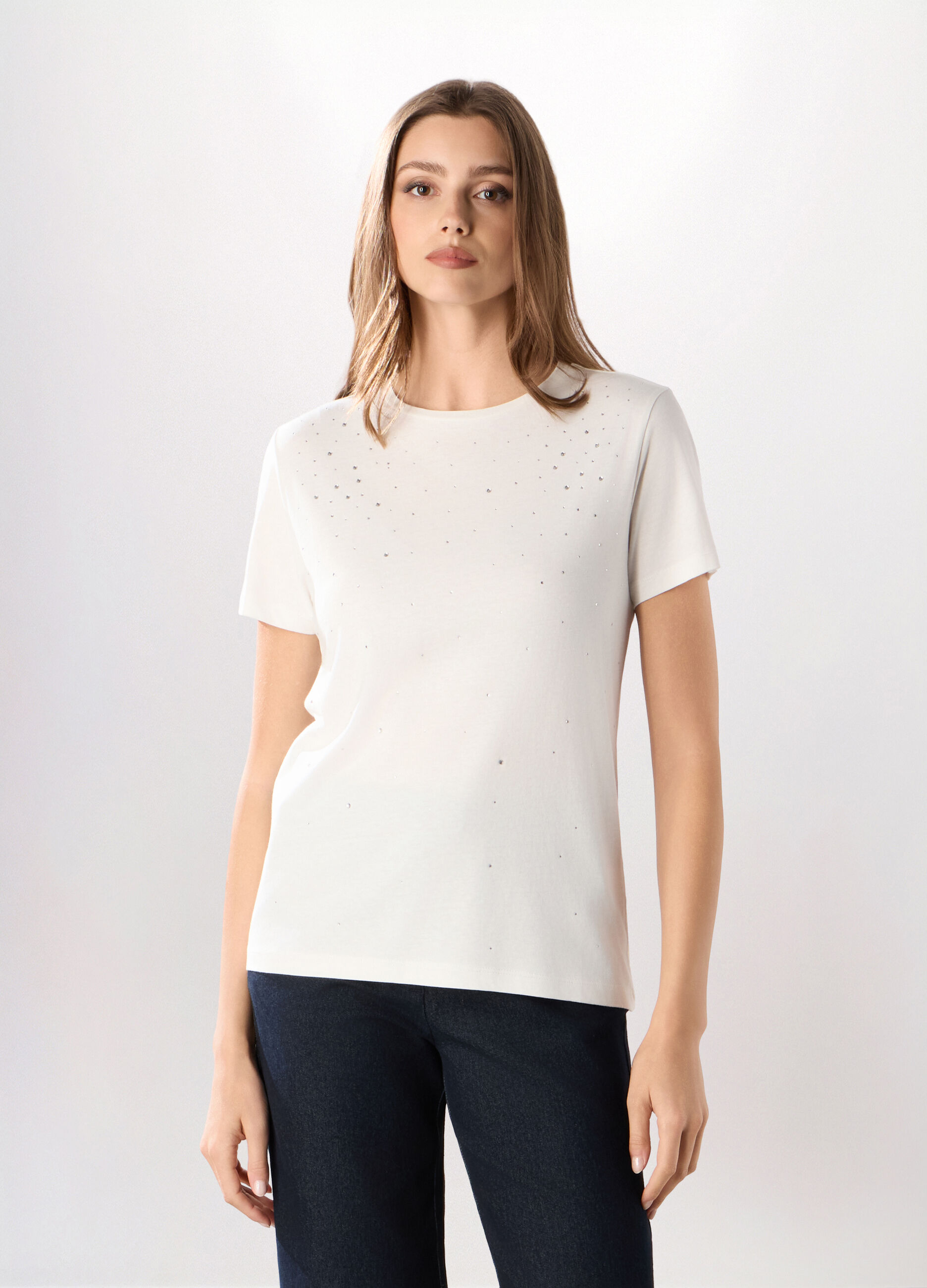 T-shirt in puro cotone con strass donna_0