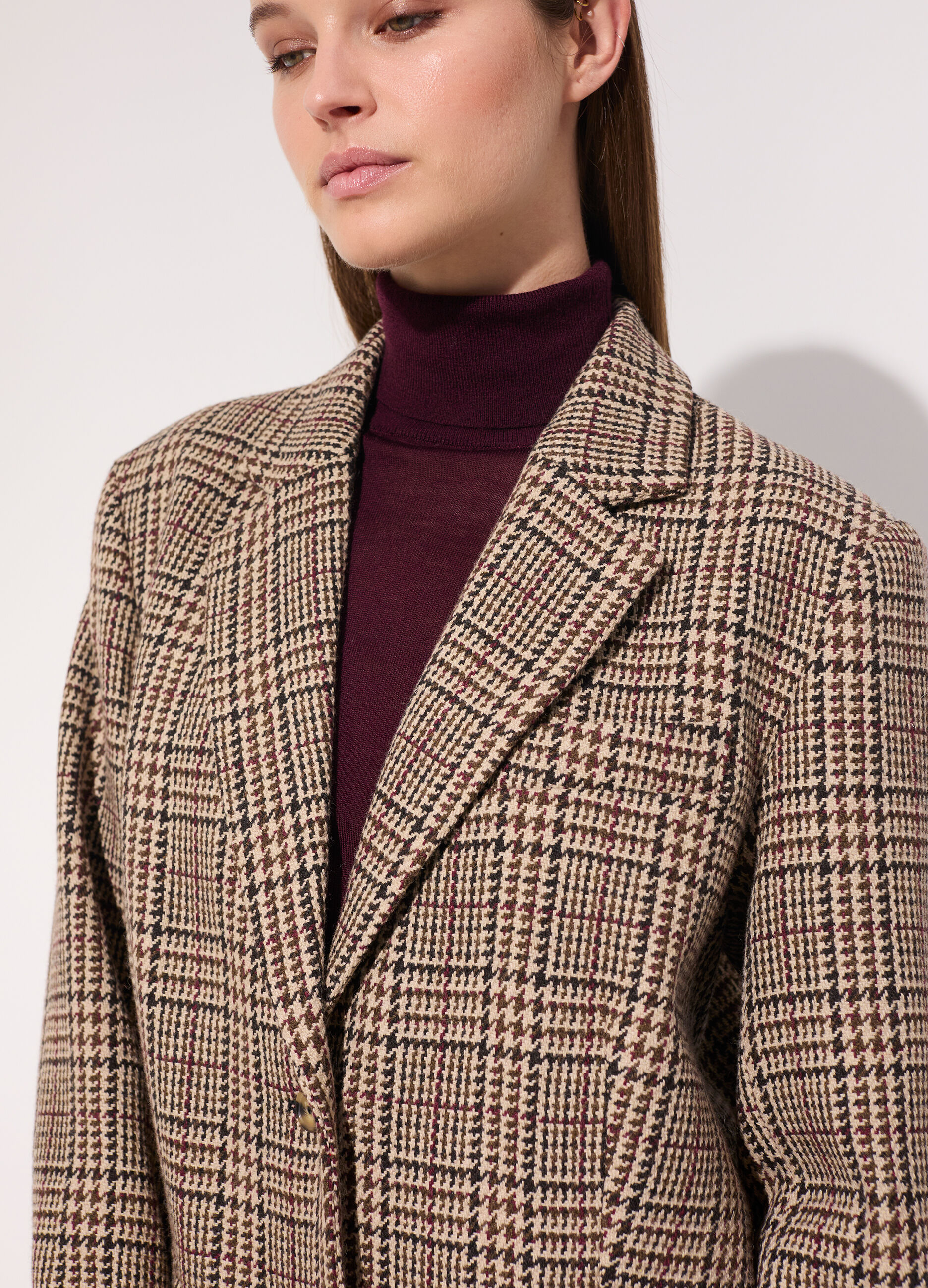 Blazer lungo in misto lana a quadri donna_3