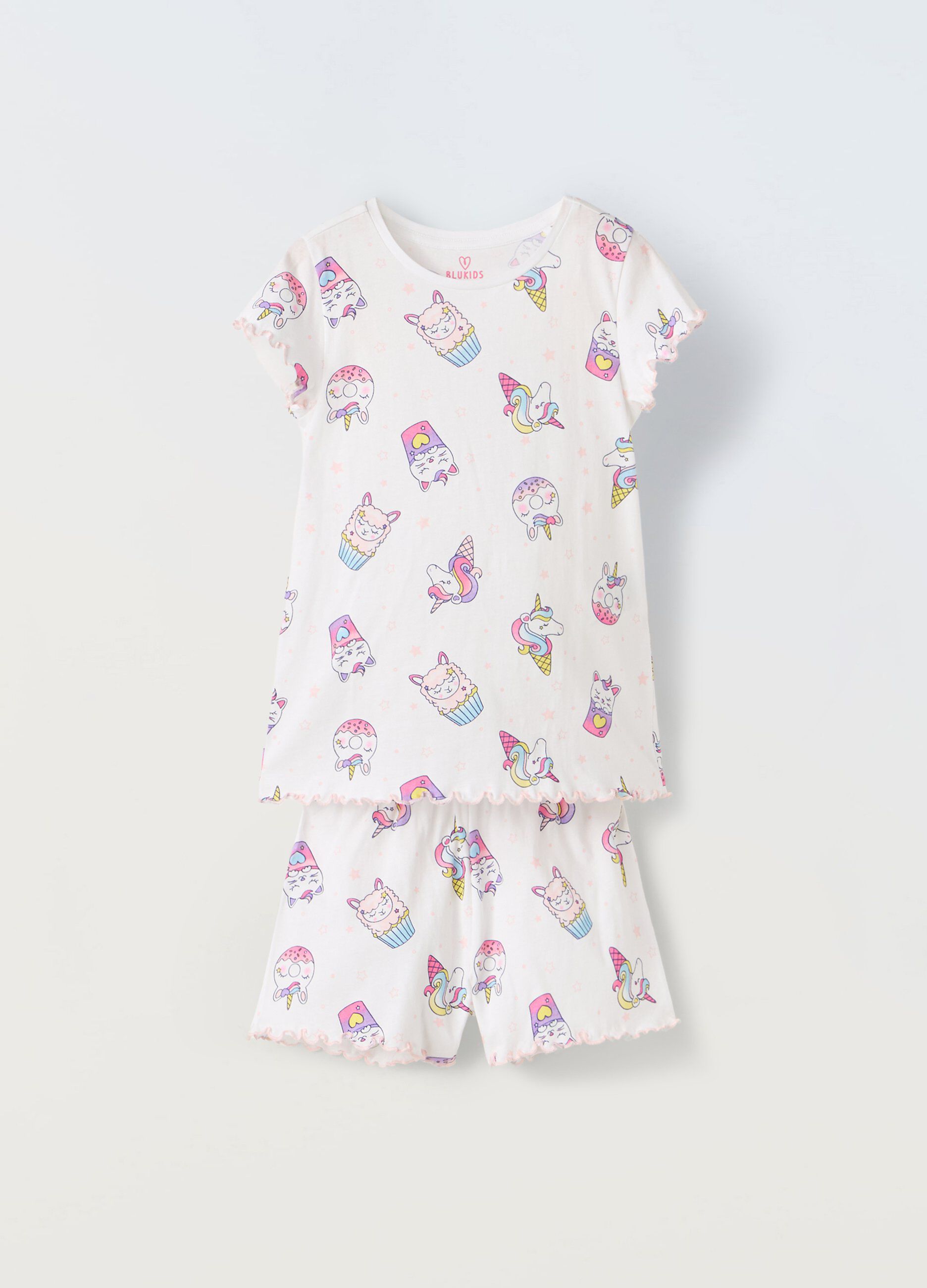 Pigiama corto in puro cotone con stampa bambina_0