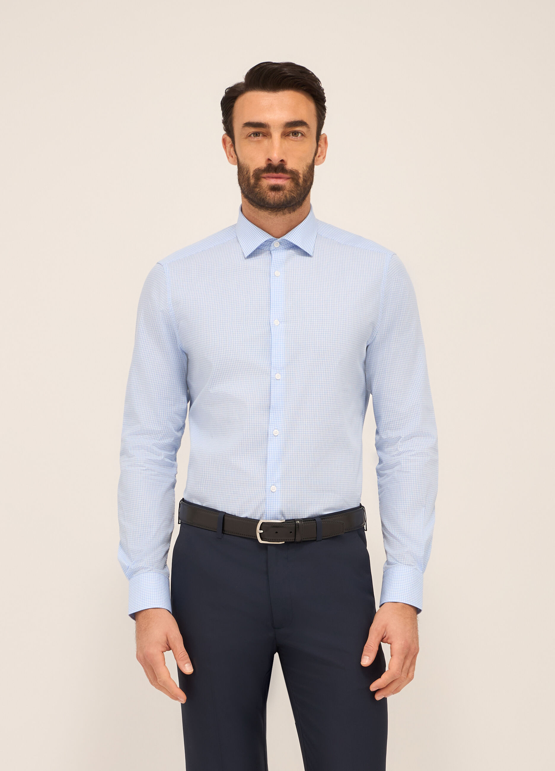 Camicia slim fit in misto cotone a quadretti uomo_0