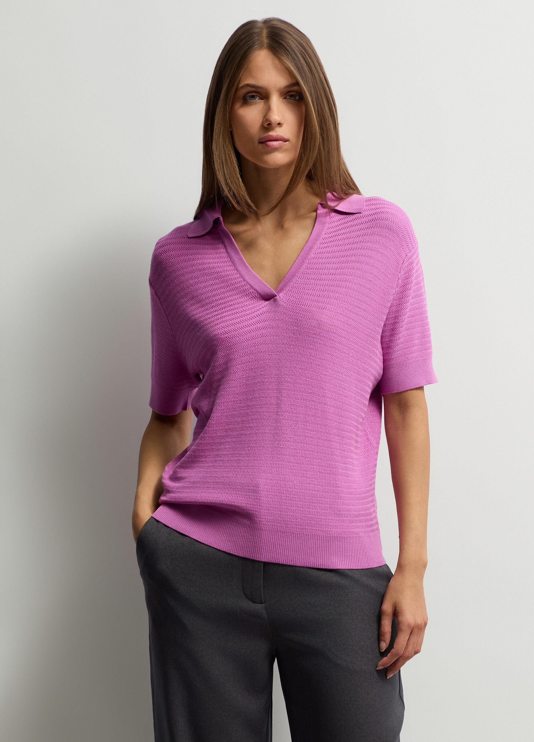 Maglia con colletto polo operata donna_0