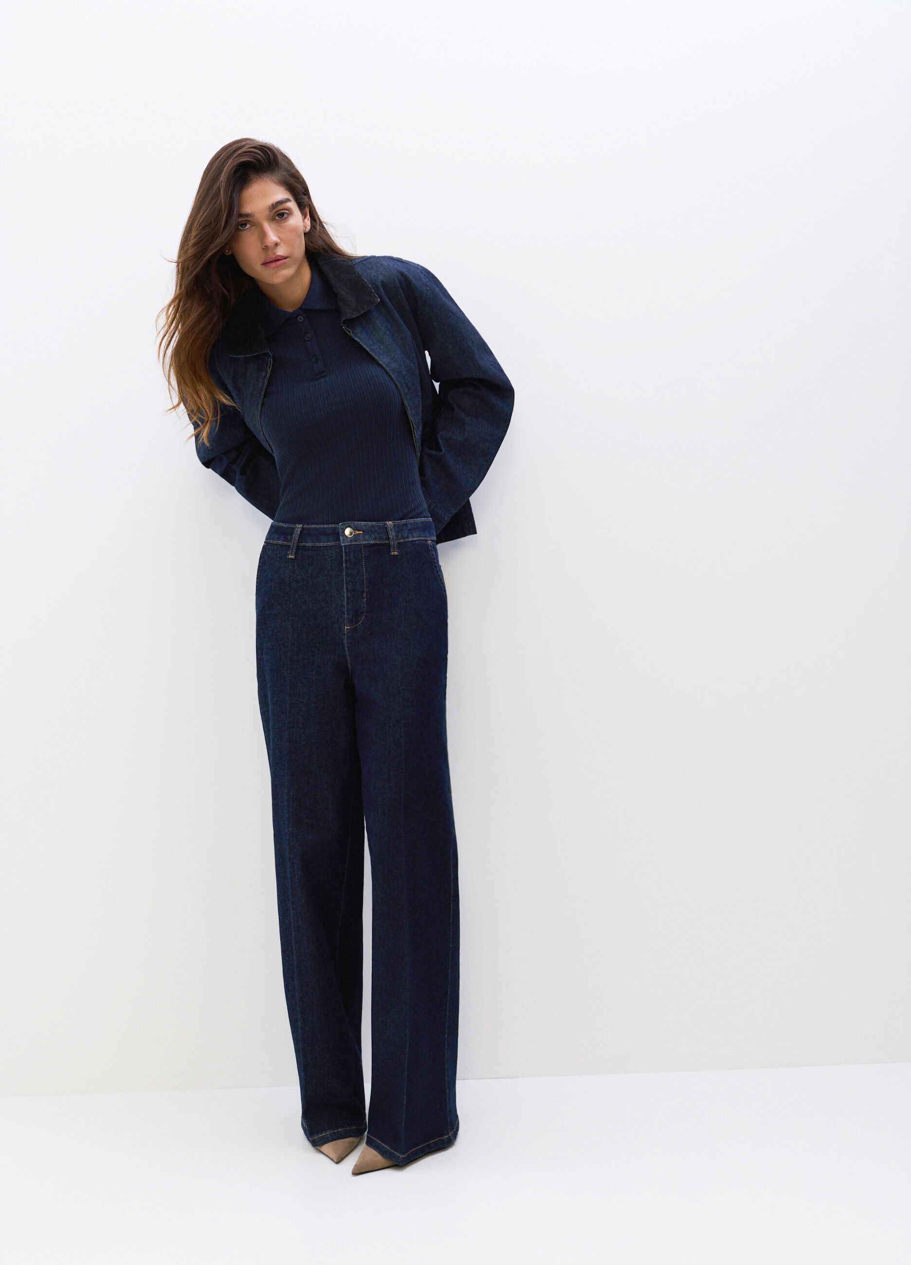 Pantaloni Wide Leg in denim di cotone stretch donna_0