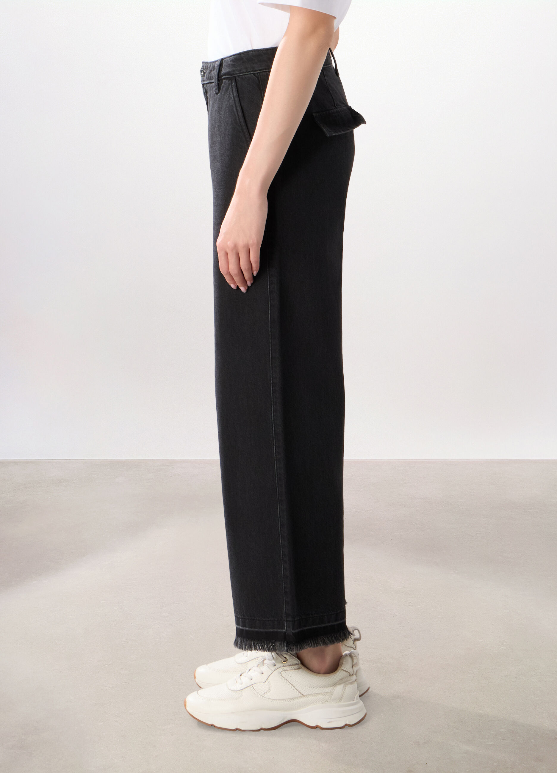 Pantaloni wide leg in denim di puro cotone donna_3